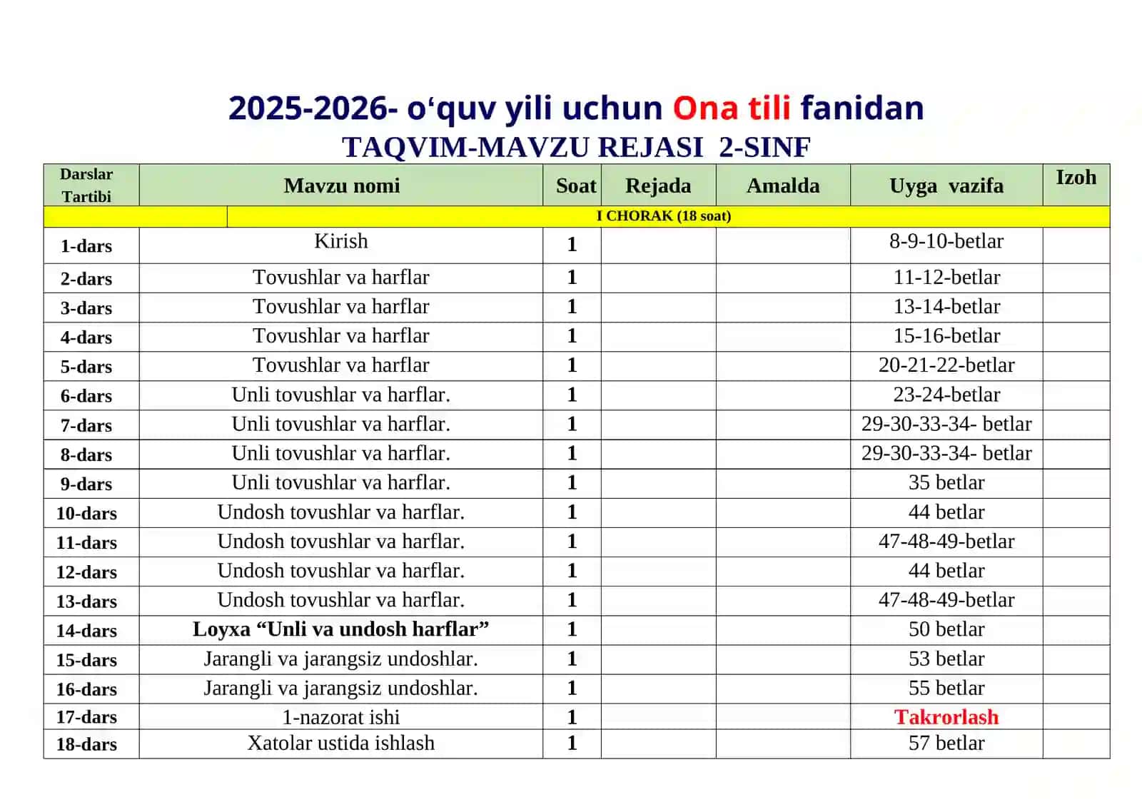 Uy Ta'limi Taqvim Rejasi 4