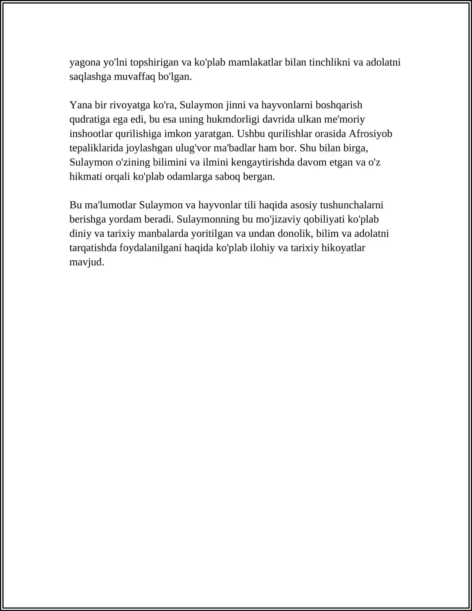 "SULAYMONNING QARINCHQA BILAN SO'ZLASHGANI" HIKOYASI TAHLIL QILIB BER 4