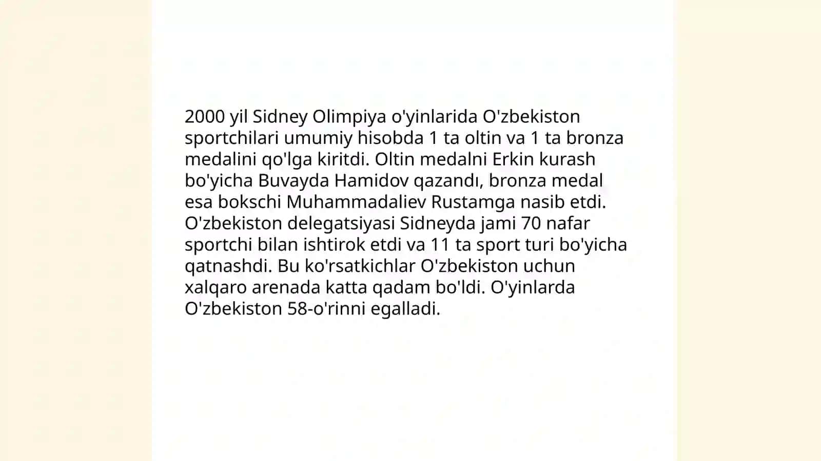 O'zbekiston sportchilarining1996-hozirgi davirgacha o'tkazilgan olimpiya o'yinlaridagi yutuqlari 4