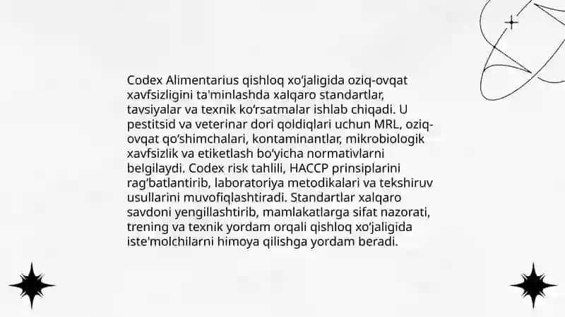 Xalqaro standartlar (ISO, Codex Alimentarius) va ularning Qishloq xo'jaligidagi ahamiyati 4