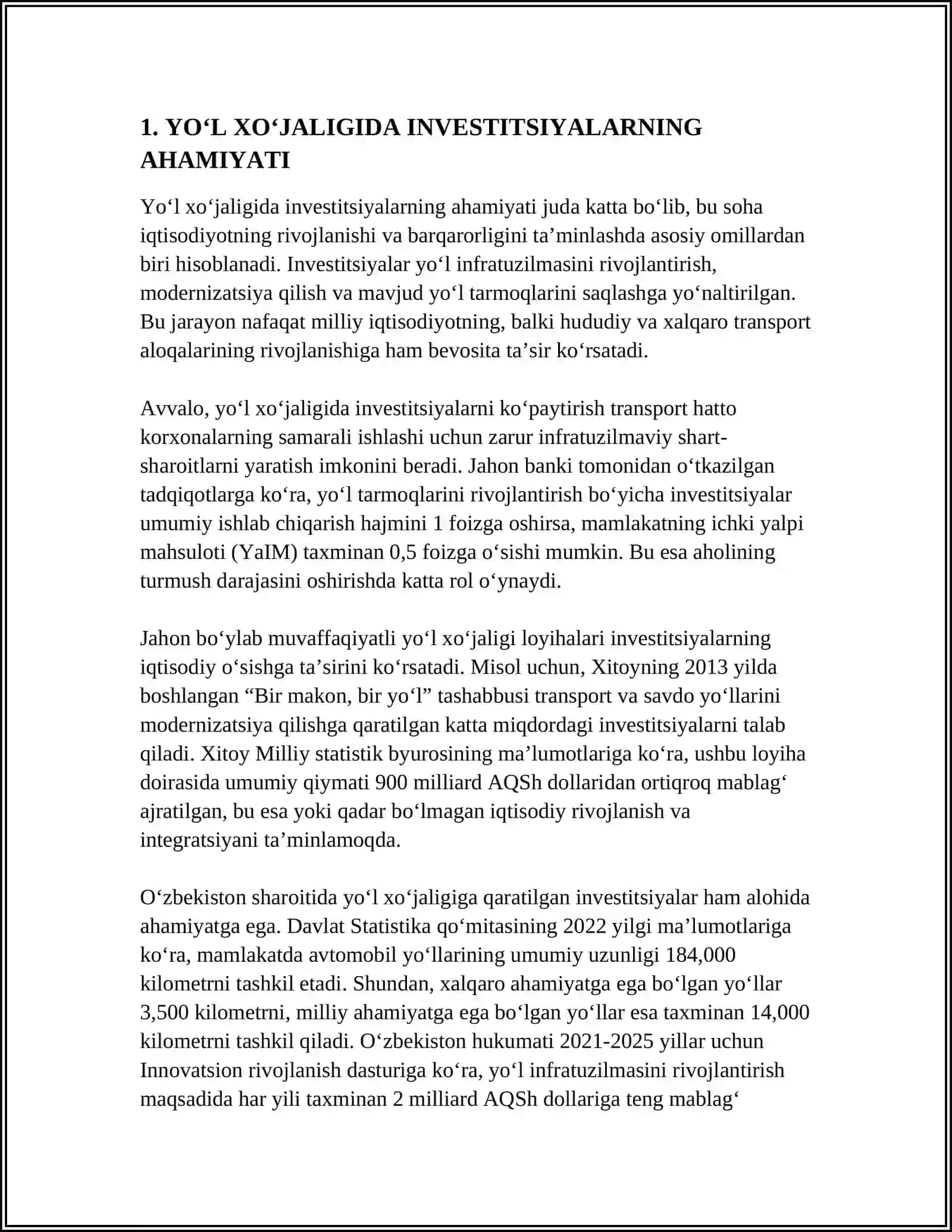 YOʻL XOʻJALIGIDA INVESTITSIYA SAMARADORLIGI 4