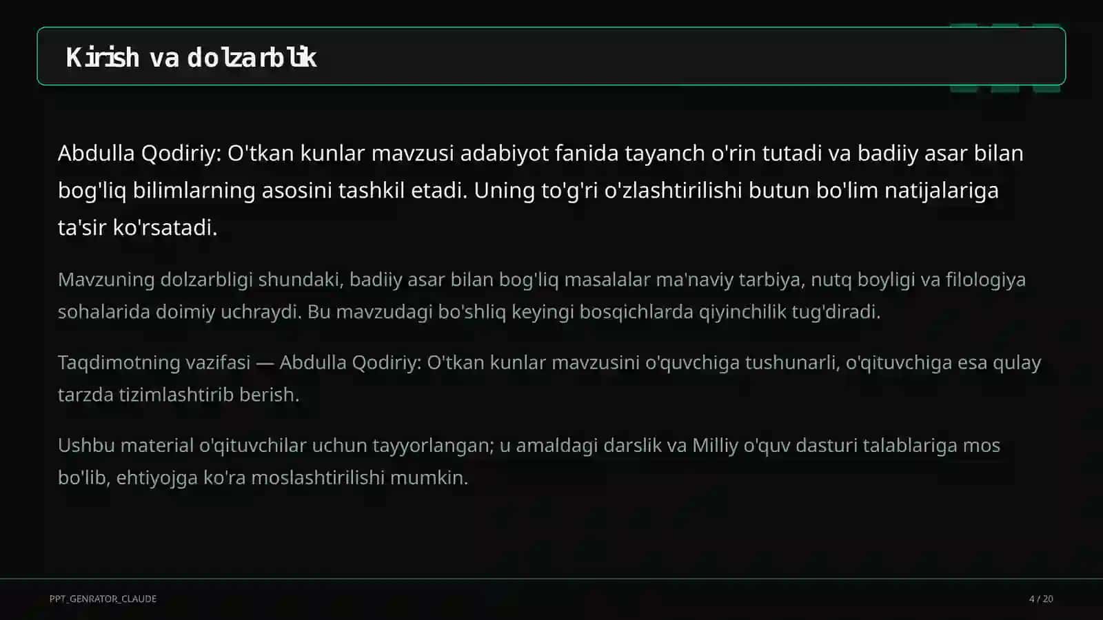 Abdulla Qodiriy: O'tkan kunlar (9-sinf) 4