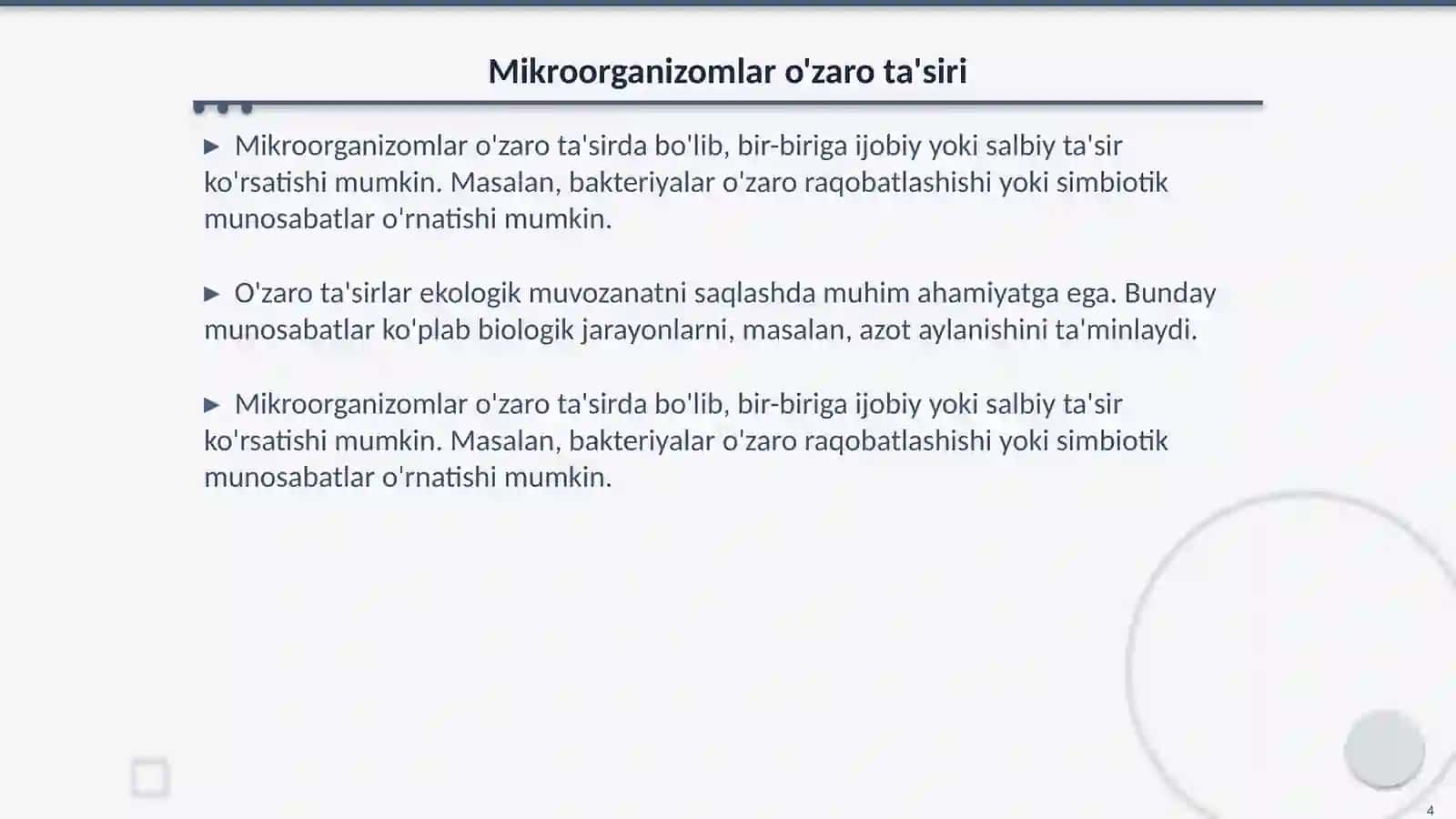 Mikroorganizomlarning oʻzoro va bir-biri bilan munosabati 4