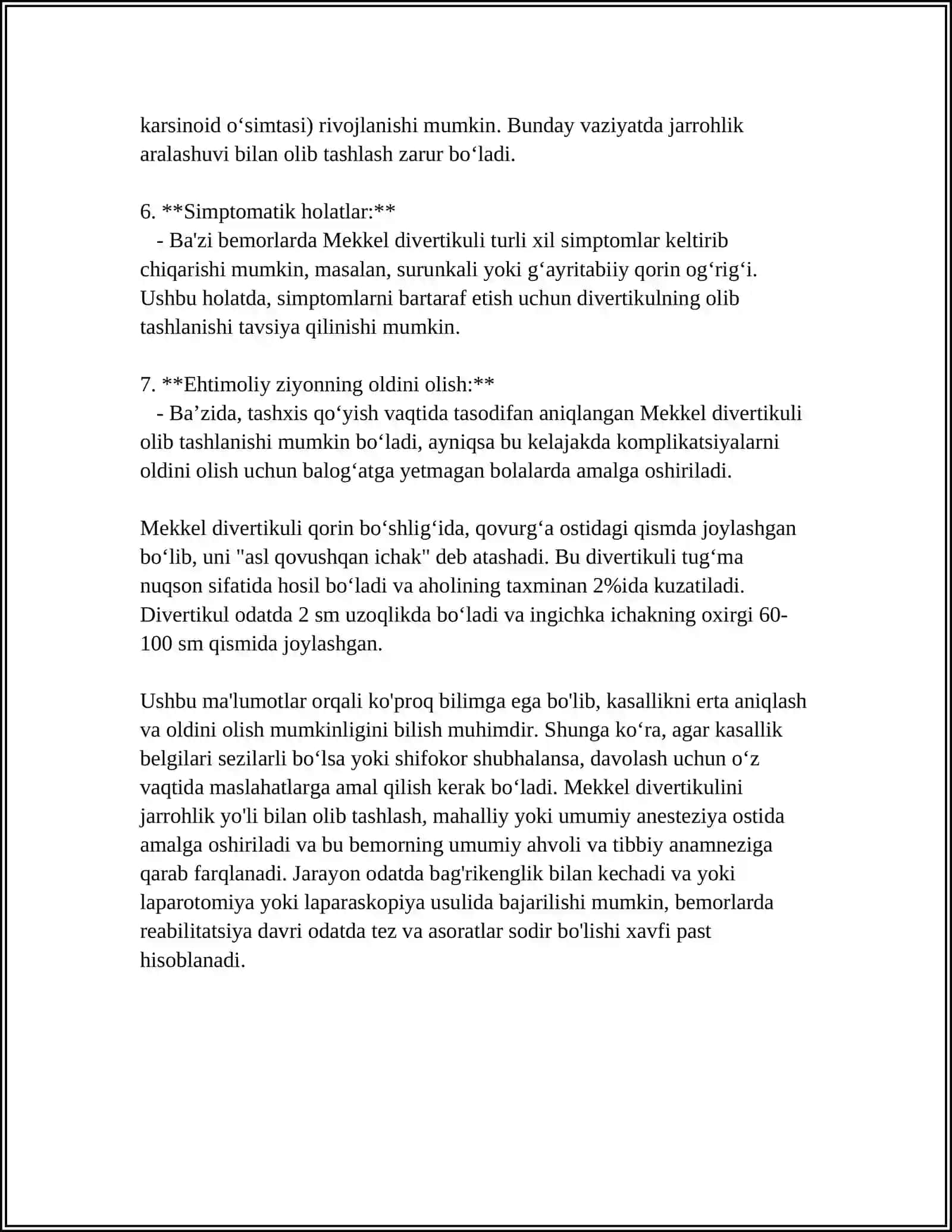 MEKKEL DIVERTIKULINI OLIB TASHLASH. MEGAKOLON VA GIRSHPRUNG KASALLIGIDA OPERATSIYALAR 4