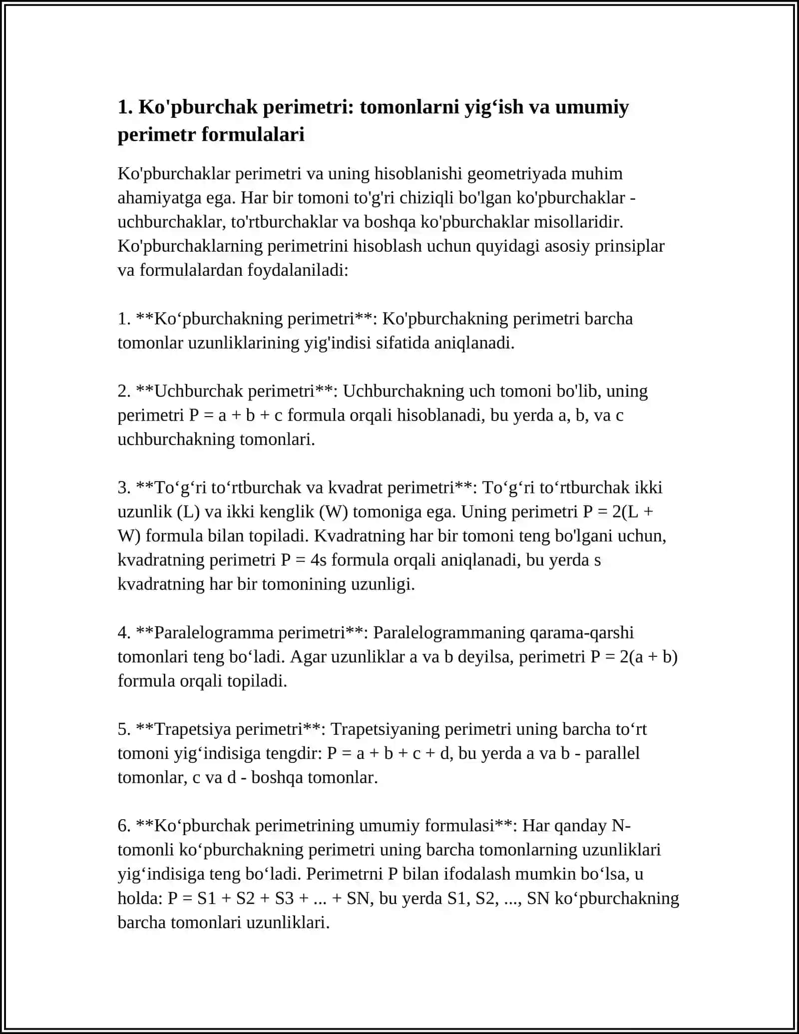 KO'PBURCHAKLAR PERIMETRI HAMDA YUZASINI HISOBLASH, PERIMETR VA YUZA O'LCHOV BIRLIKLARI VA ULAR ORASIDAGI BOG'LANISHGA DOIR MASALALAR YECHISH 4