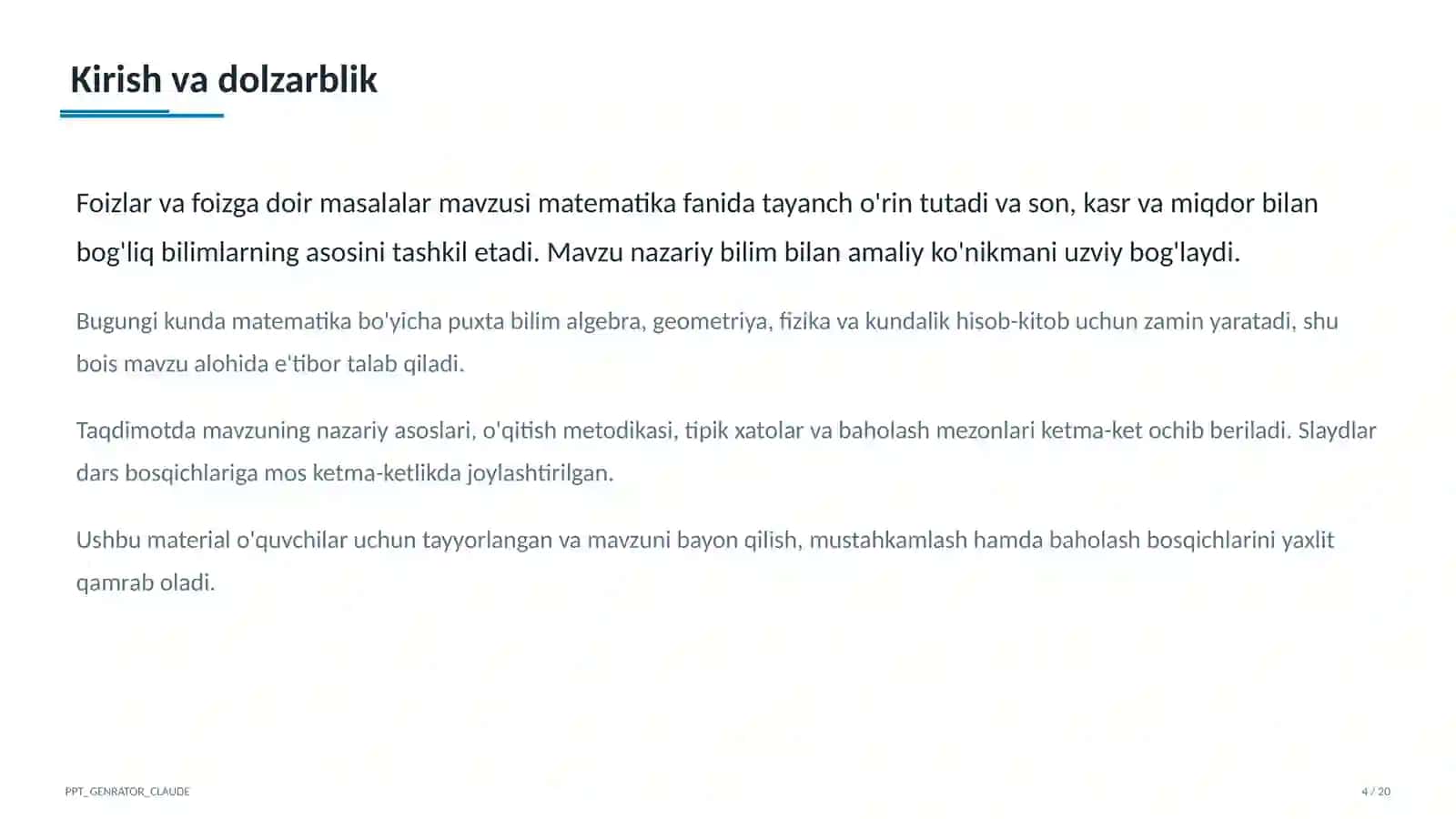 Foizlar va foizga doir masalalar (5-sinf) 4