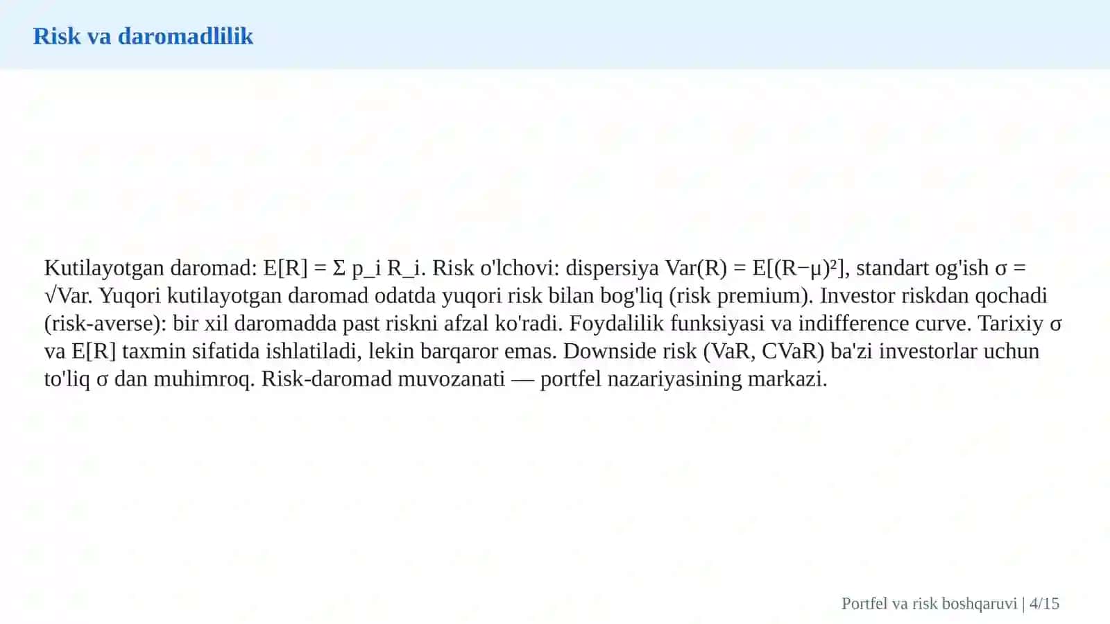 Investitsiya portfelini boshqarish, moliyaviy risklar va diversifikatsiya strategiyalari 4