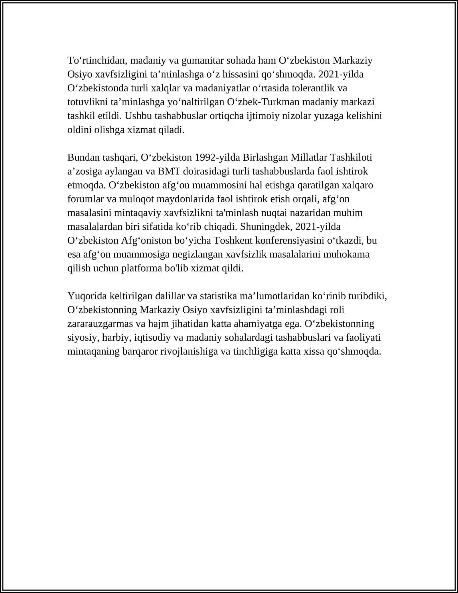 O'ZBEKISTONNING MARKAZIY OSIYODA TINCHLIK VA BARQARORLIKNI TA'MINLASHDAGI O'RNI 4