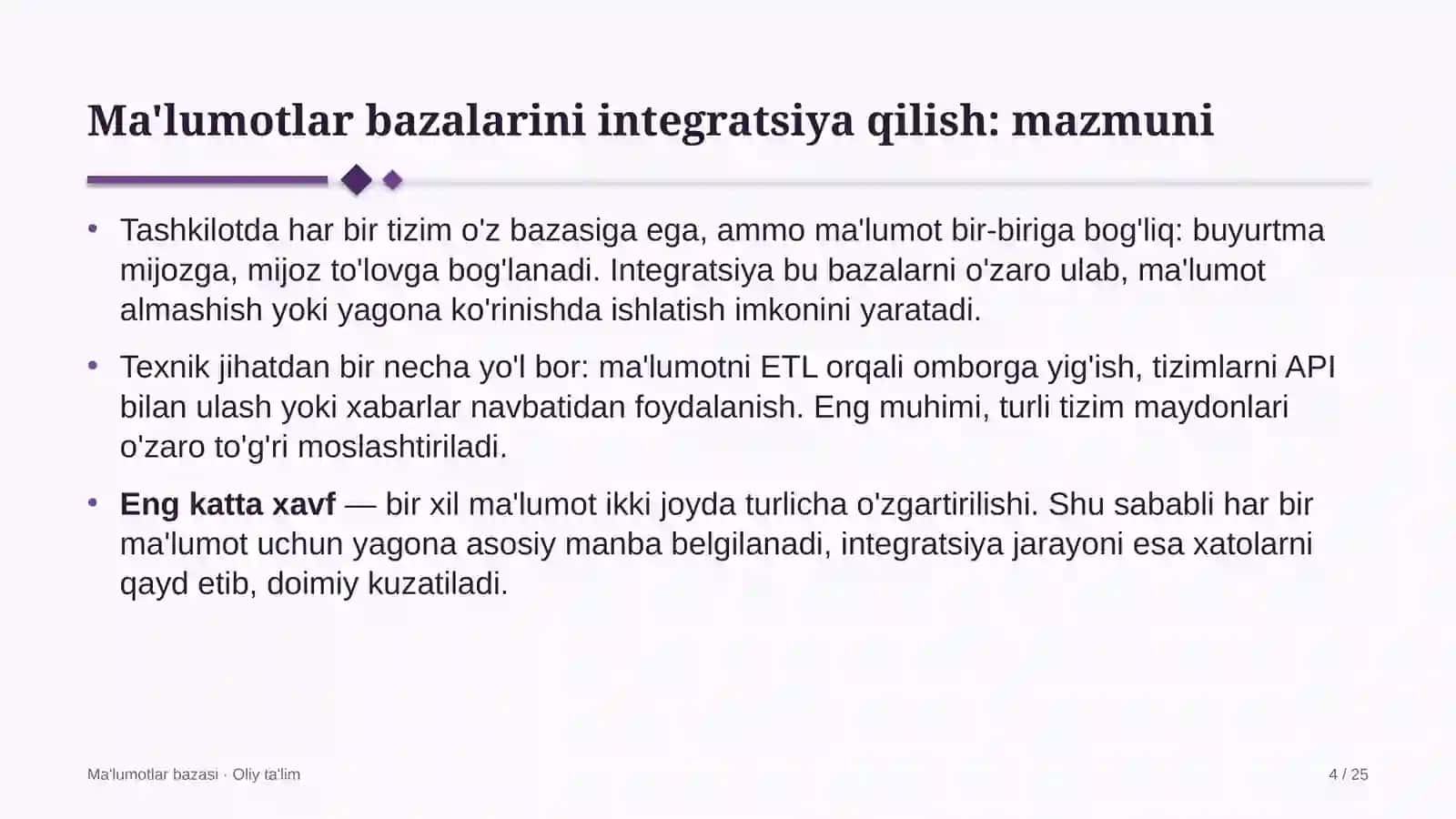 sanatoriylarda ma'lumotlar bazalarini integratsiya qilish 5053 4