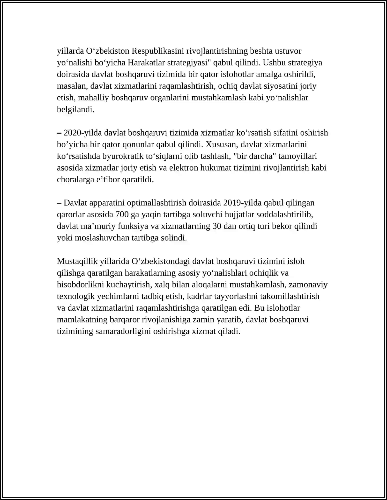 MUSTAQILLIK YILLARIDA DAVLAT BOSHQARUVI TIZIMIDA AMALGA OSHIRILGAN ISLOHOTLAR 4