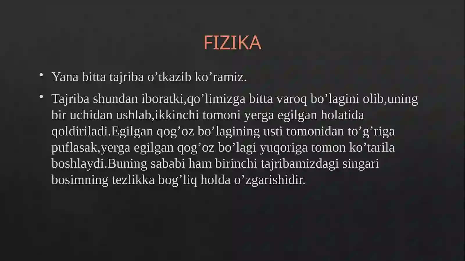10-sinf Fizika Harakatlanayotgan gazlar va suyuqliklarda bosimning tezlikka bog'liqligidan texnikada foydalanish 4