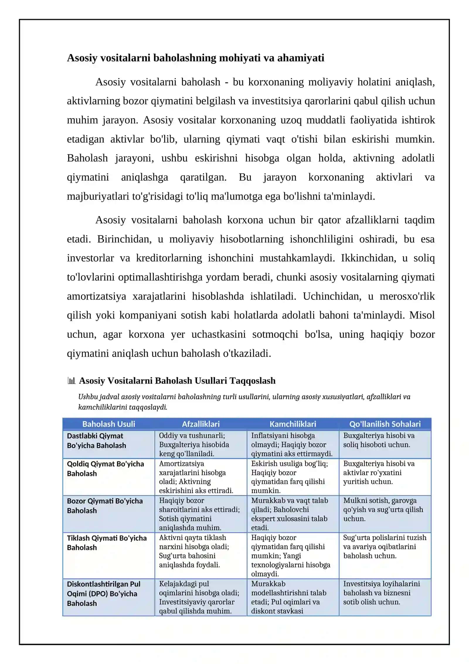 Asosiy vositalarni baholash va ularning qiymat ko'rsatkichlari 4