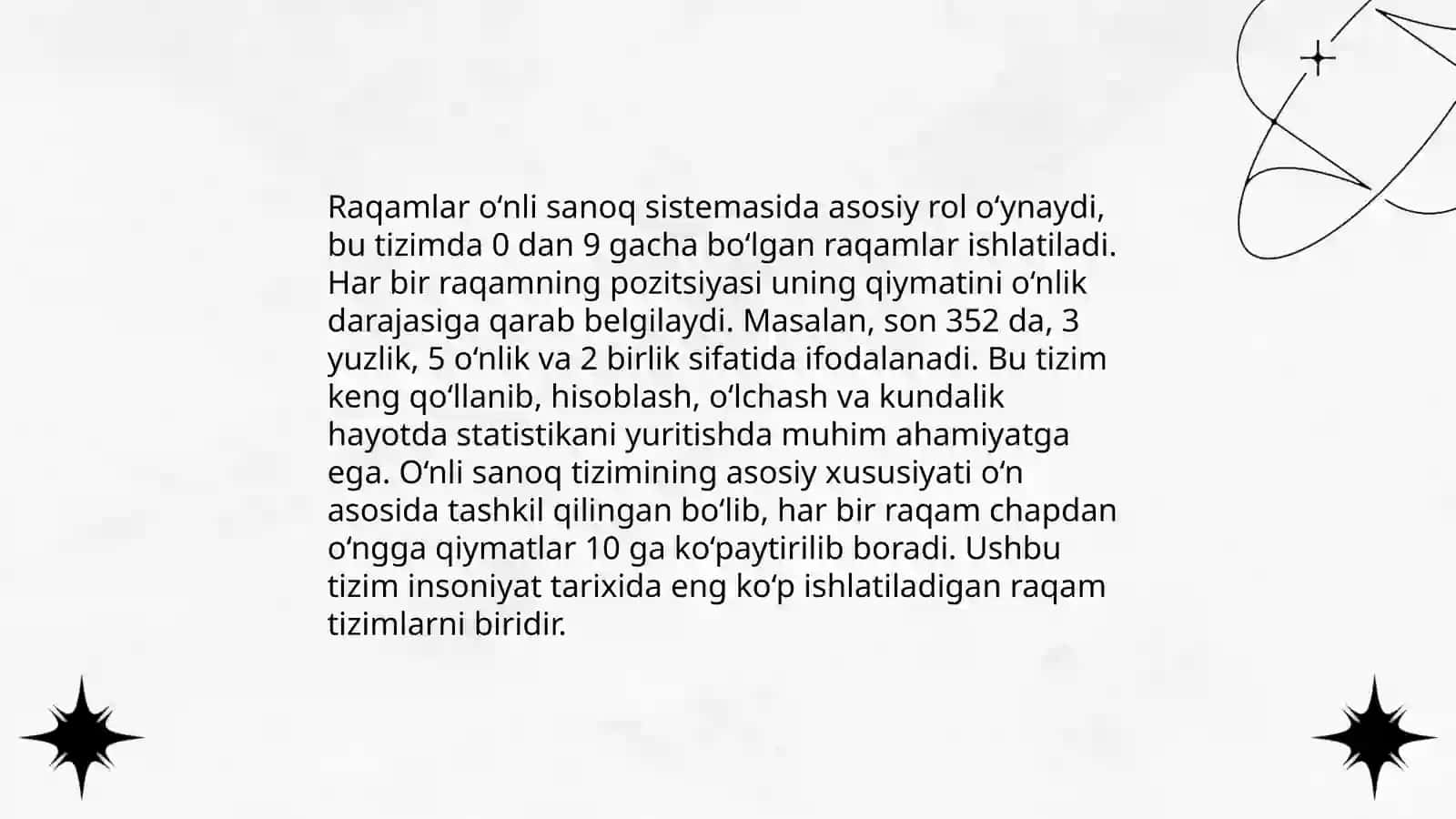 Oʻnli sanoq sistemasi xususiyatlari va uning nomerlashga asos qilib olinishi 4