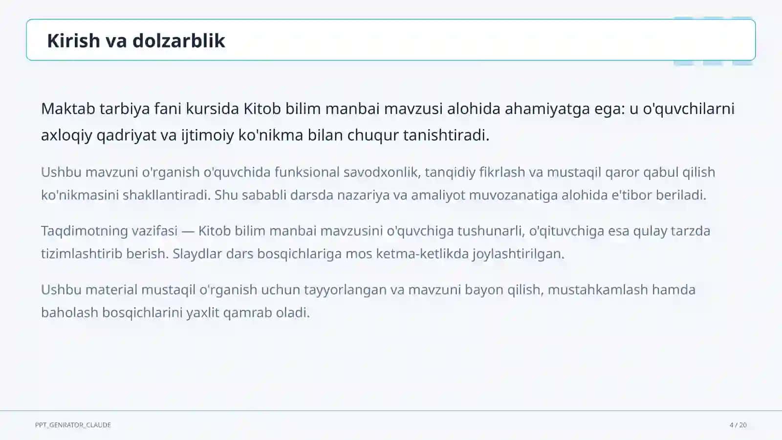Tarbiya fani (1-11) — mustaqil o'rganish uchun 4