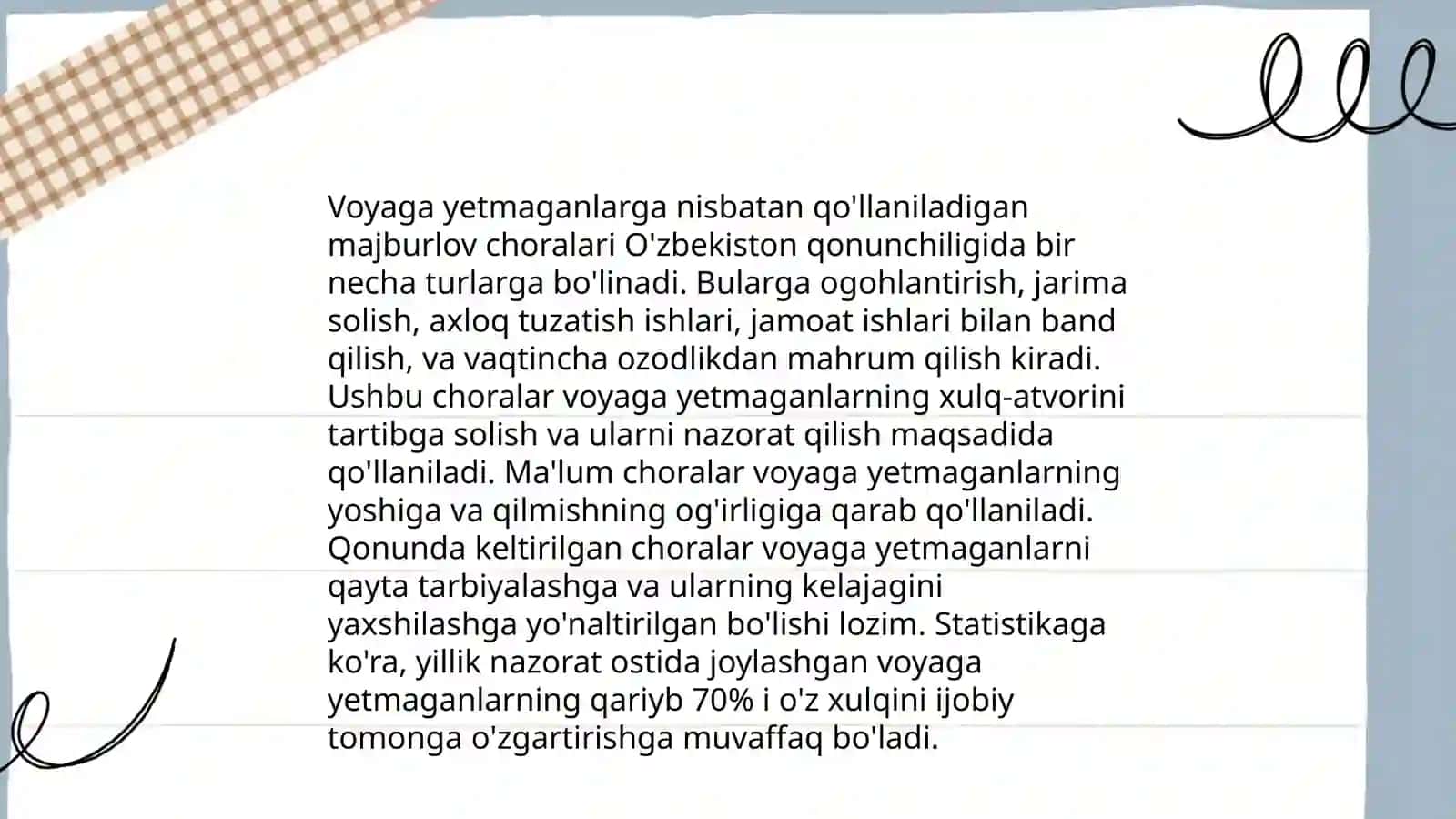 Voyaga yetmaganlarga nisbatan qo'laniladigan majburloy choralari turlari va ularmi qo'llash shartlari 4