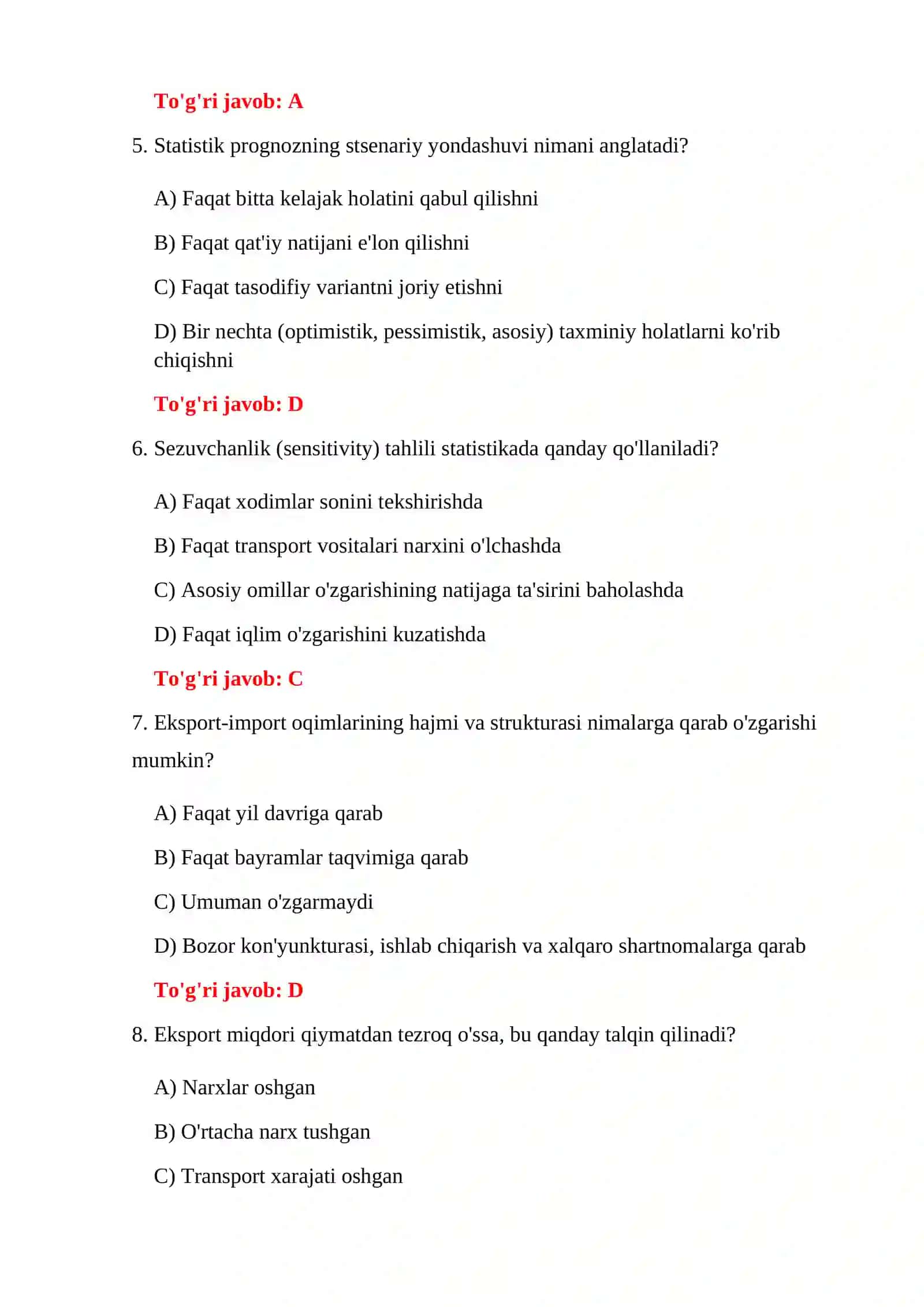 BOJXONA STATISTIK MA'LUMOTLARI TESTLARI 4
