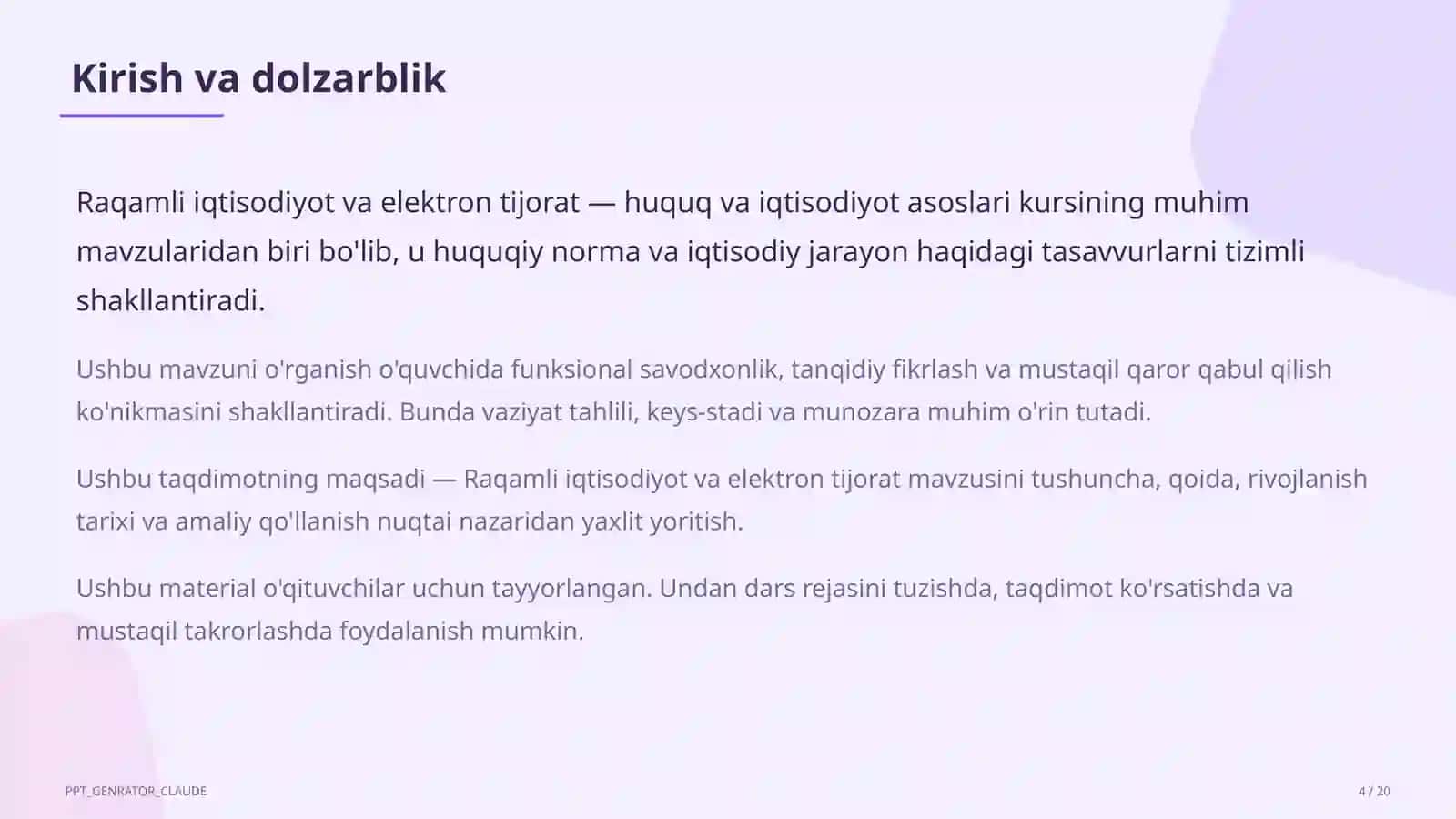 Huquq va iqtisodiyot asoslari (9–11) — o'qituvchilar uchun 4