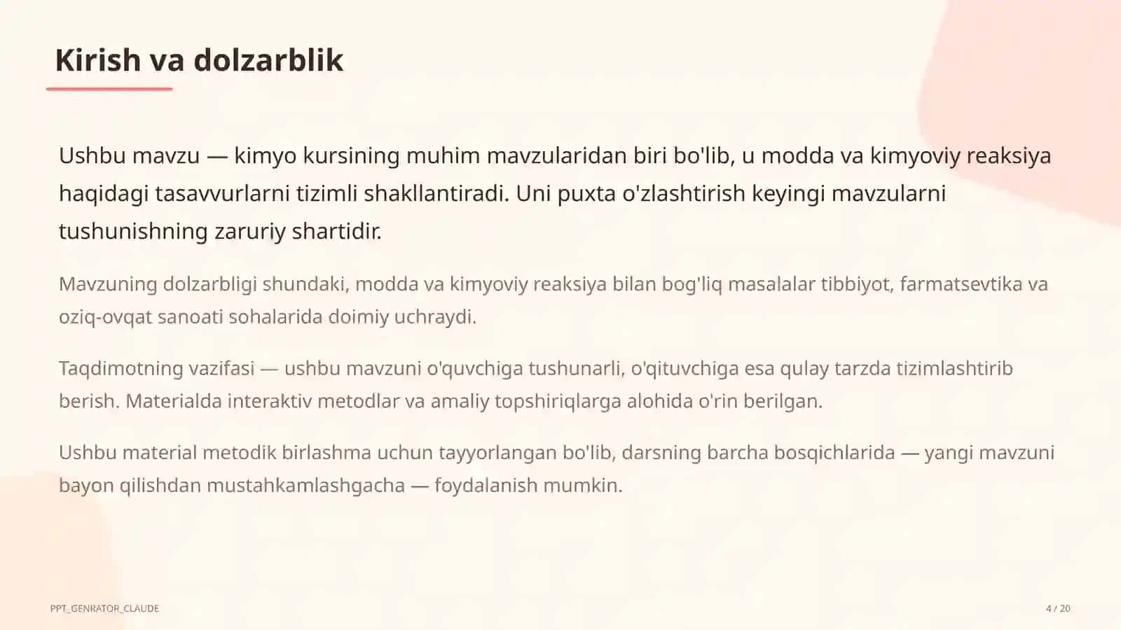 Moddalar va ularning xossalari: sof modda va aralashma (7-sinf) Kimyo (7– 11) — metodik birlashma uchun 4