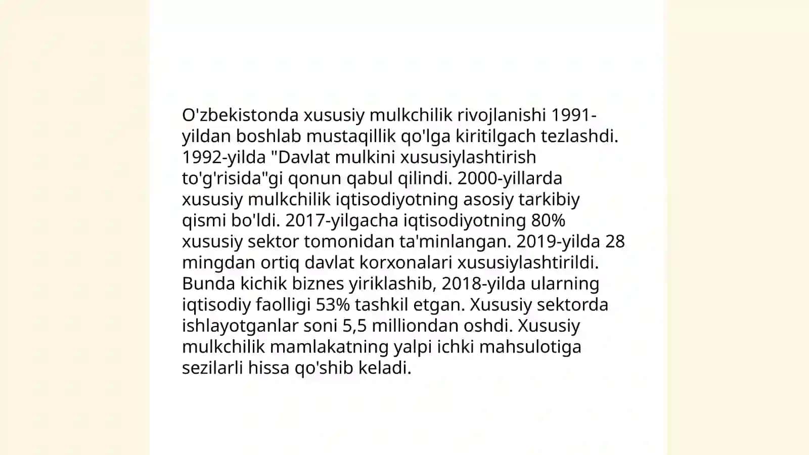 Iqtisodiy islohotlar, xususiy mulkchilikning shakllanishi. Oʻzbekistonda bozor munosabatlarining rivojlanishi 4