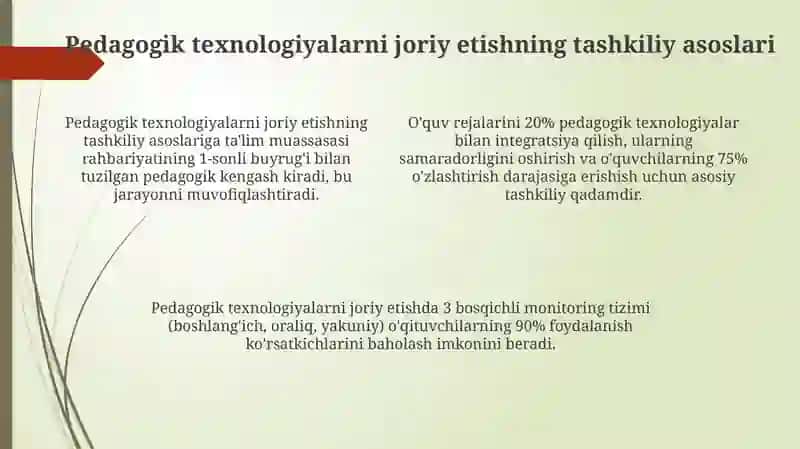 Pedagogik texnologiyalarni qoʻllash bilan bogʻliq tashkiliy uslubiy ishlar 4