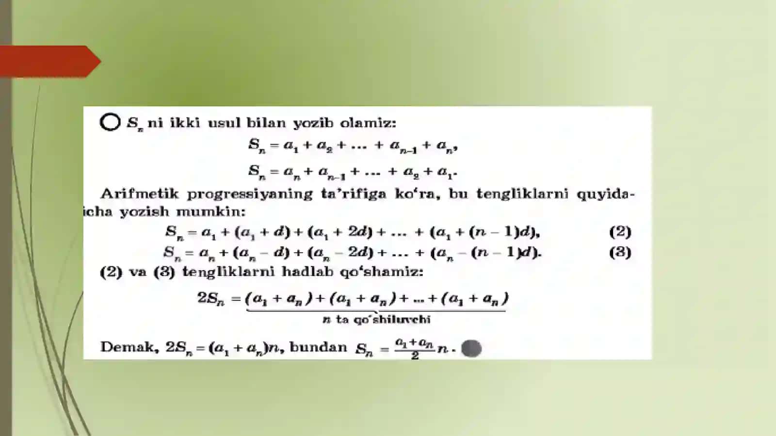 Arifmetik progressiya dastlabkin-tahadiyig’indisi 4