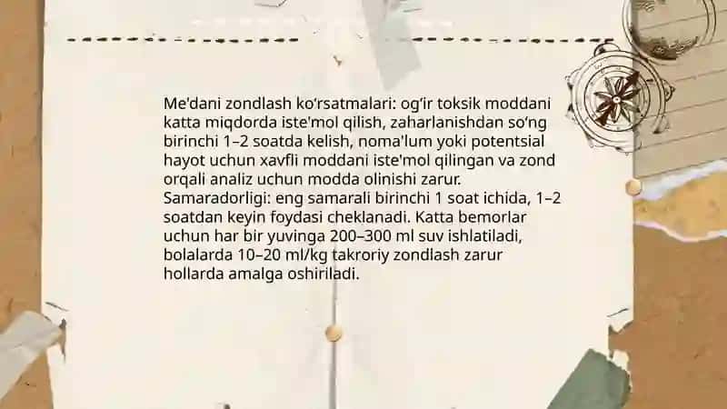 Zaxarlanishlarda yordam ko‘rsatish, me'dani zondlash 4