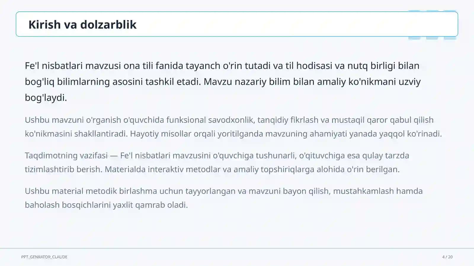 Fe'l nisbatlari (7-sinf) Ona tili (5-11) — metodik birlashma uchun 4