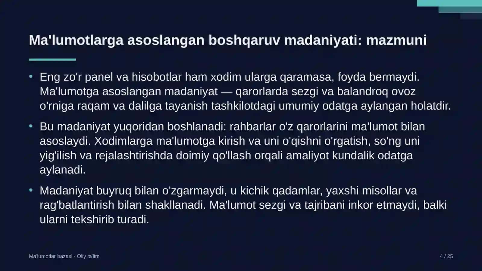qon quyish markazlarida ma'lumotlarga asoslangan boshqaruv madaniyatini shakllantirish 7049 4