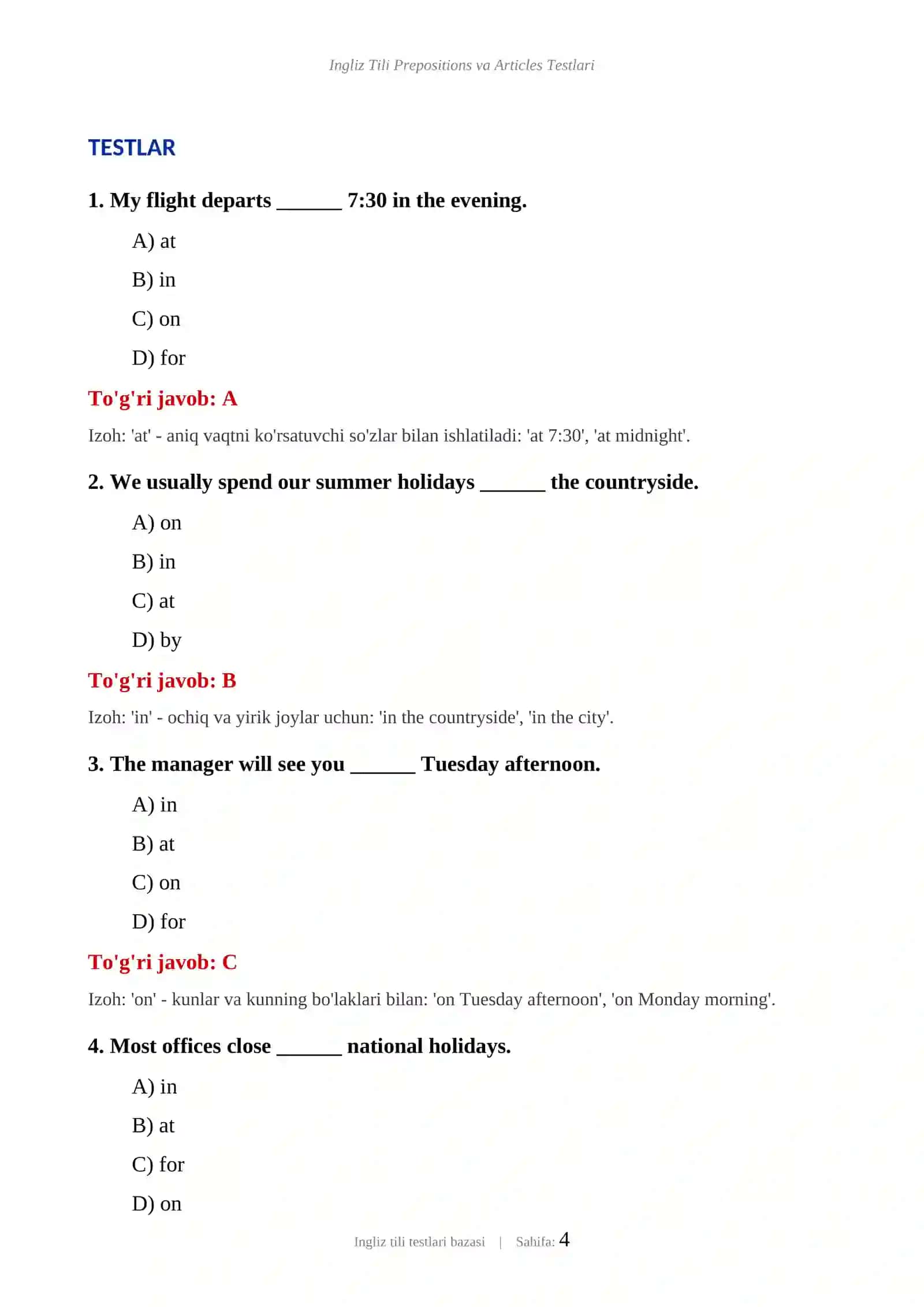 INGLIZ TILI PREPOSITIONS VA ARTICLES TESTLARI 4