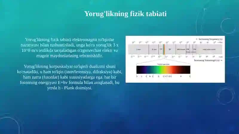 Yorug‘liknuritarqalishiningqonuniyatlari.Yorug‘likningfiziktabiativauningoptikdiapazoni 4
