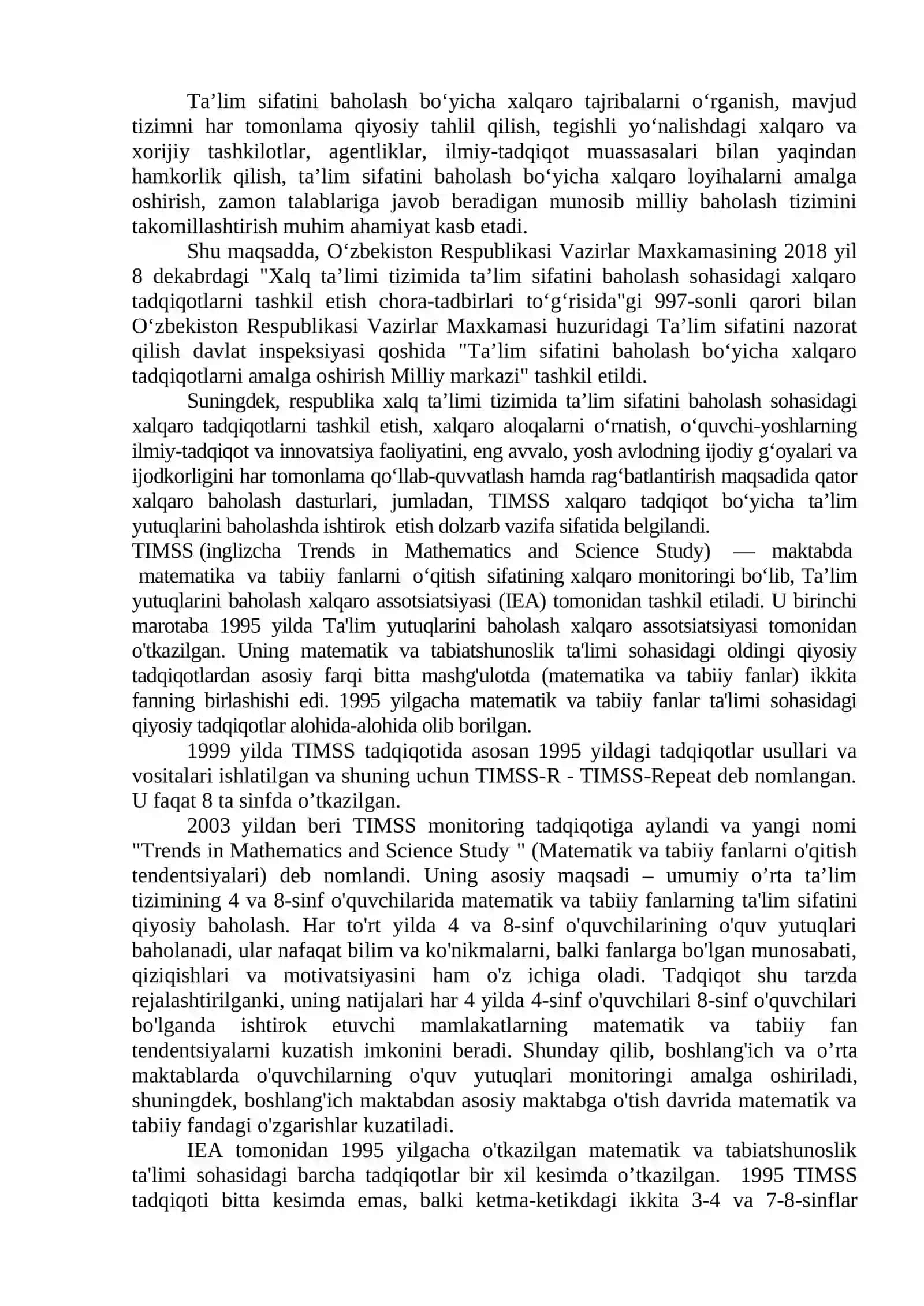 MATEMATIKA VA TABIIY FANLARNI O’ZLASHTIRISH SIFATINI XALQARO MONITORING QILISH VA BAHOLASH TIZIMI TIMSS 4