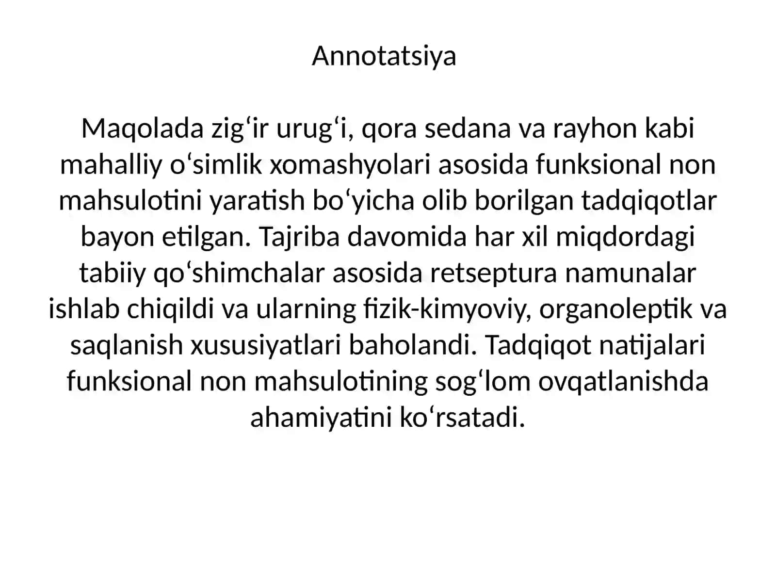 Mahalliy o`simlik xomashyolari asosida tayyorlangan funksional non mahsuloti 4