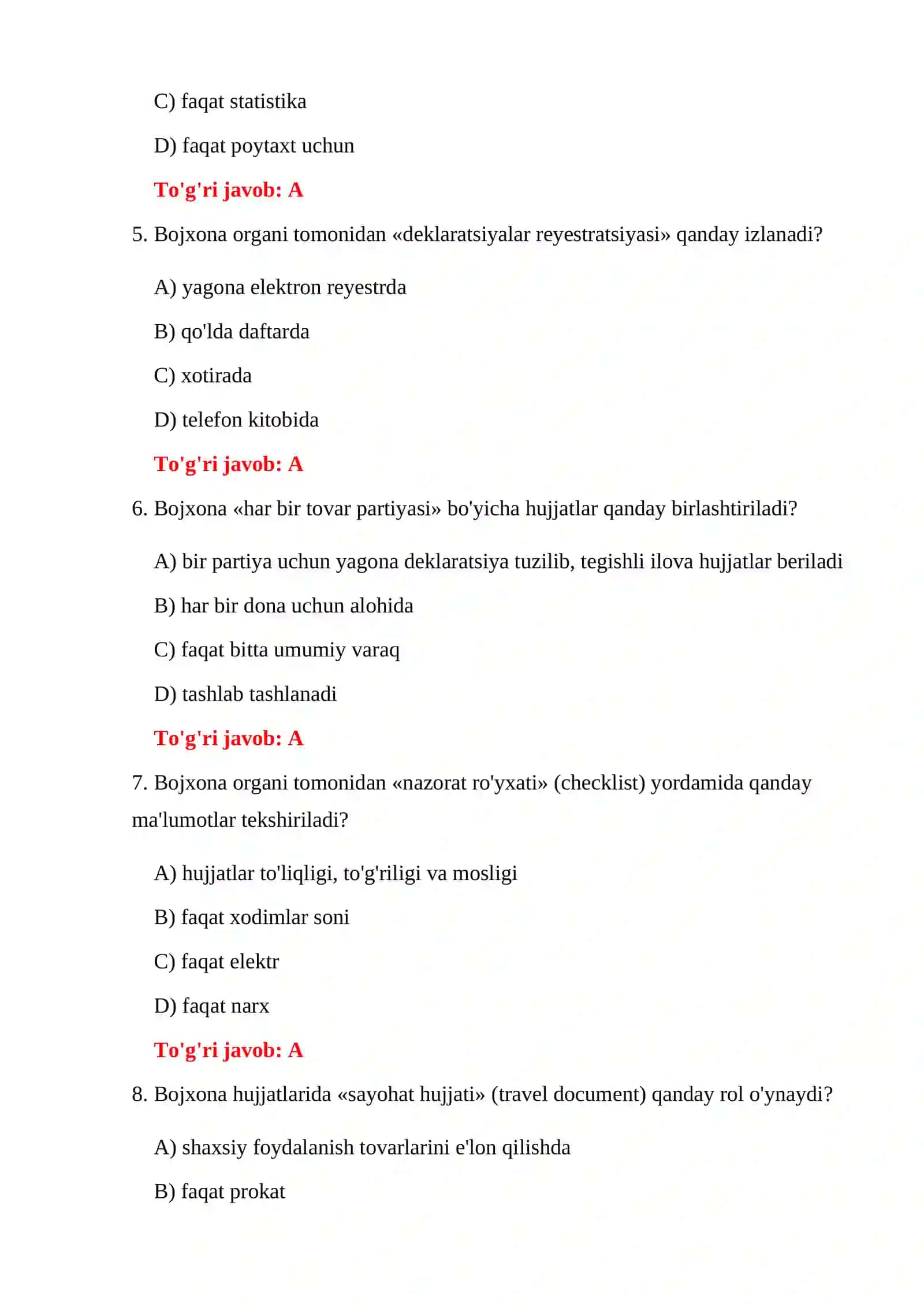 ELEKTRON BOJXONA HUJJATLARI TESTLARI 4