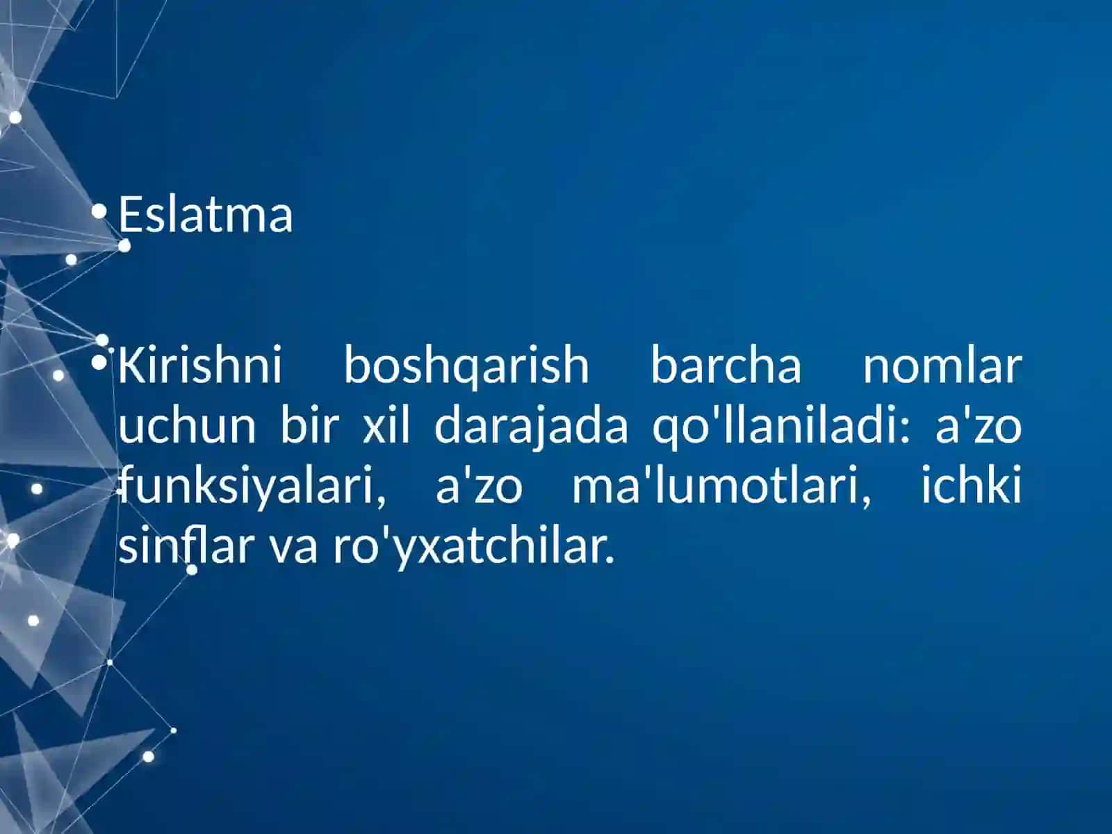 Modifikator ruxsatlar bilan ishlash. Inkapsulyatsiya (Private, protected, public) 4