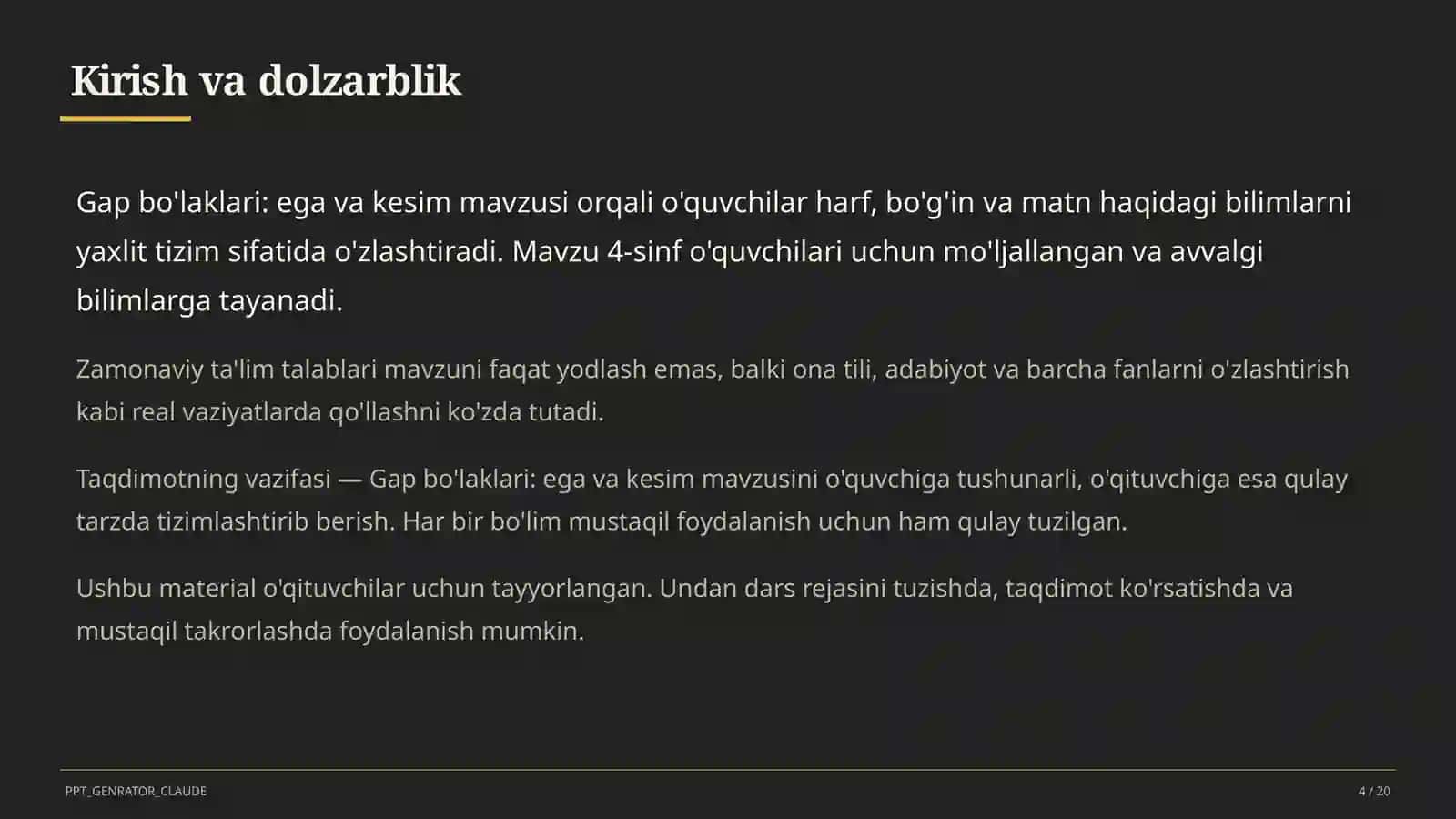 Gap bo'laklari: ega va kesim (4-sinf) 4