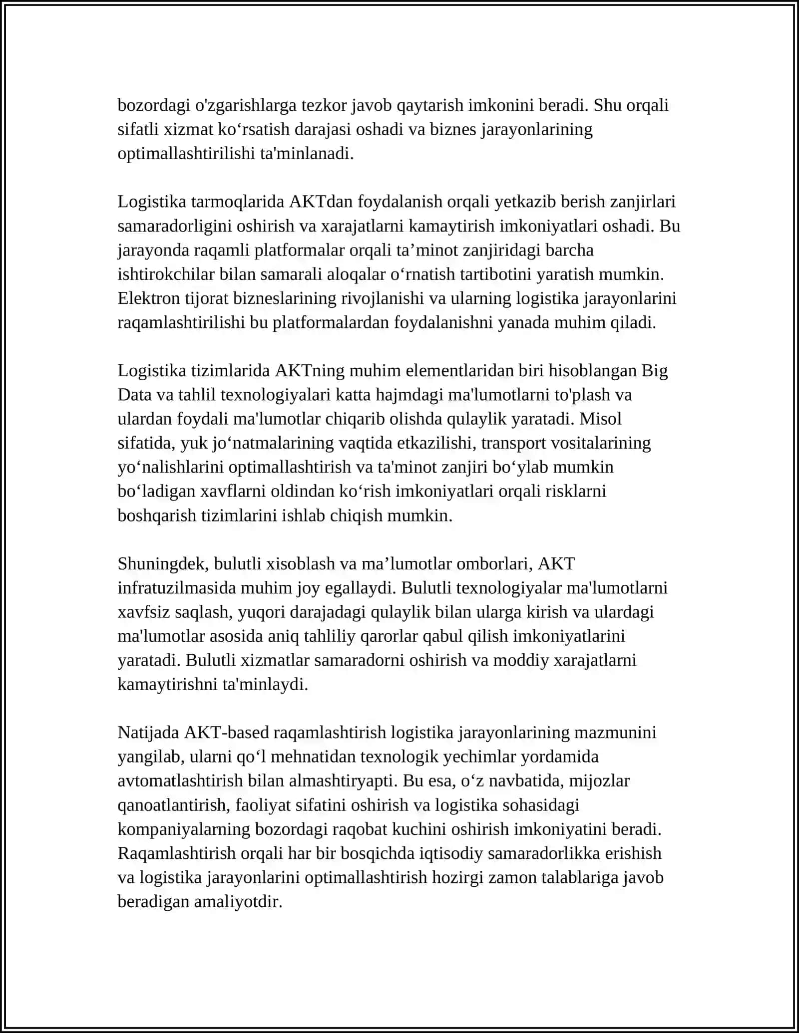 LOGISTIK BOSHQARUVDA AXBOROT KOMMUNIKATSION TEXNOLOGIYALARNING O‘RNI 4