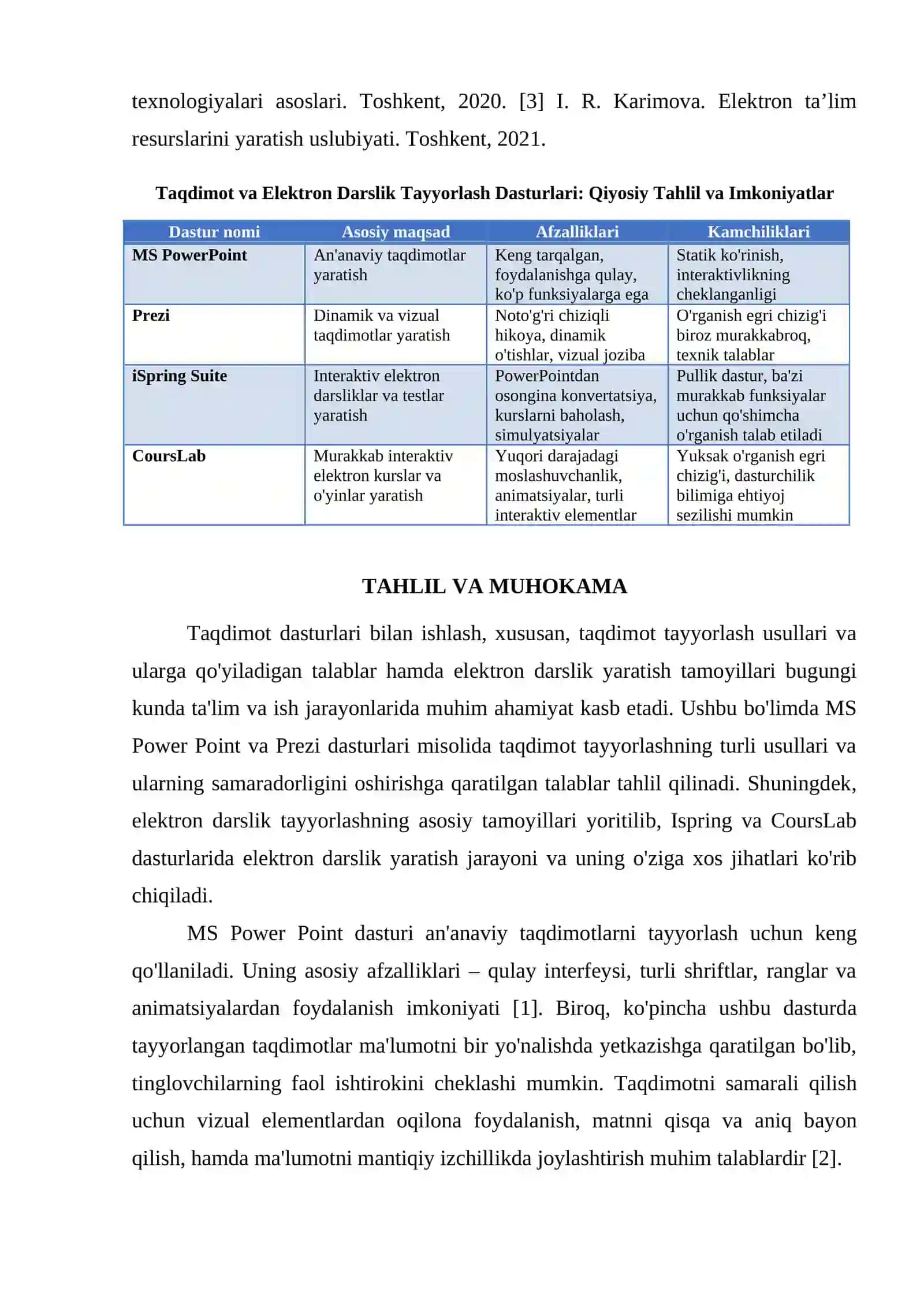 TAQDIMOT DASTURLARI BILAN ISHLASH. TAQDIMOT TAYYORLASH USULLARI VA ULARGA QO'YILADIGGAN TALABLAR (MS POWER POINT VA PREZI DASTURLARI MISOLIDA). ELEKTRON DARSLIK TAYYORLASH TAMOYILLARINI YORITISH. ISPRING VA COURSLAB DASTURLARIDA ELEKTRON DARSLIK YARATISH 4