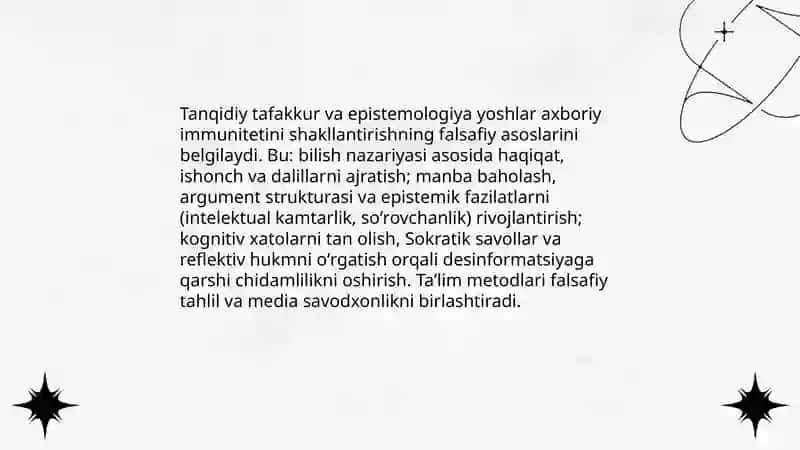 RAQAMLI SIVILIZATSIYA SHAROITIDA YOSHLAR DUNYOQARASHIDA AXBORIY TAHDIDLARGA QARSHI IMMUNITETNI SHAKLLANTIRISHDA FALSAFANING AHAMIYATI 4