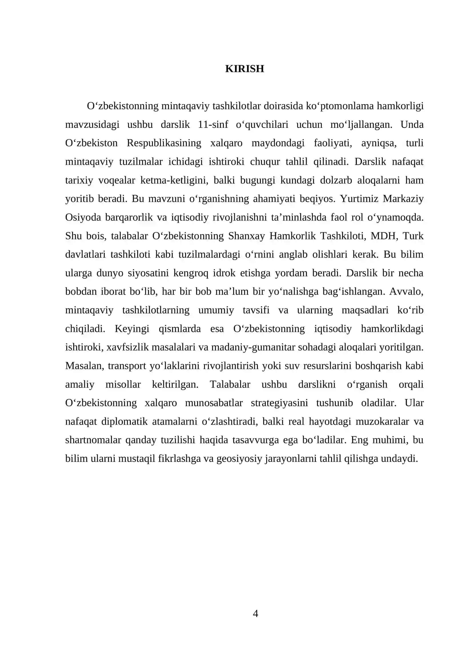 O‘ZBEKISTONNING MINTAQAVIY TASHKILOTLAR DOIRASIDA KO‘PTOMONLAMA HAMKORLIGI 11- SINF 4