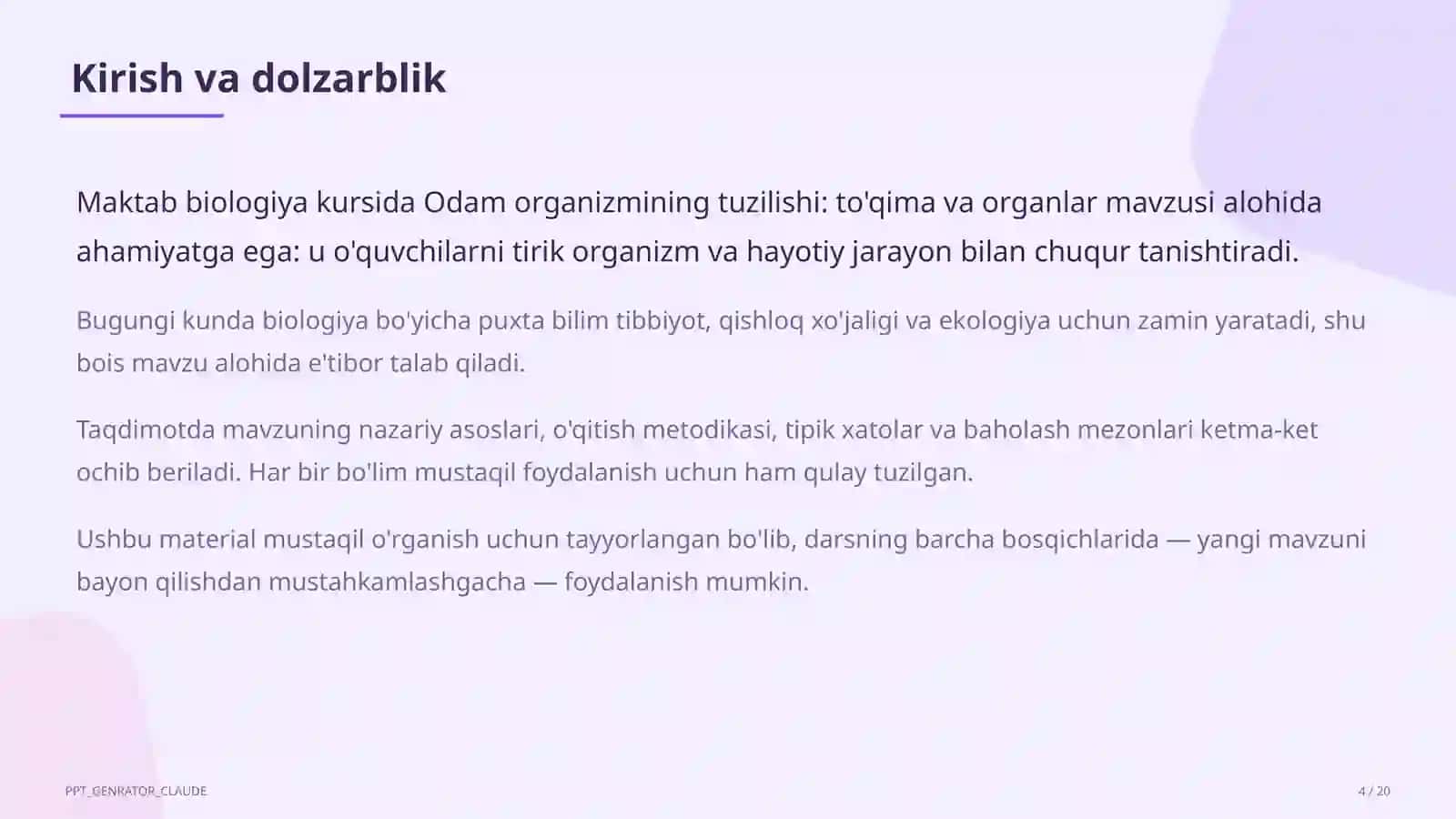 Odam organizmining tuzilishi: to'qima va organlar (8-sinf) 4