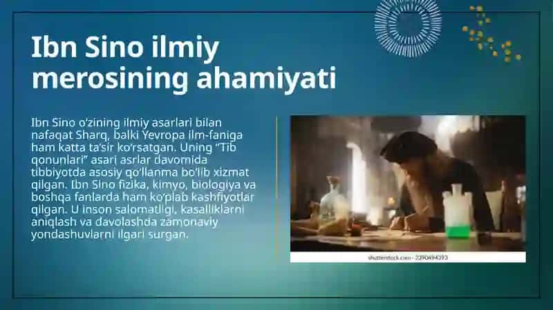 Abu Ali Ibn Sino ijodi va faoliyati. Tib qonunlari asarining 5 olamshumul ahamiyati. Abu Nasr Forobiy asarlarini o'rganishning dolzarbligi 4