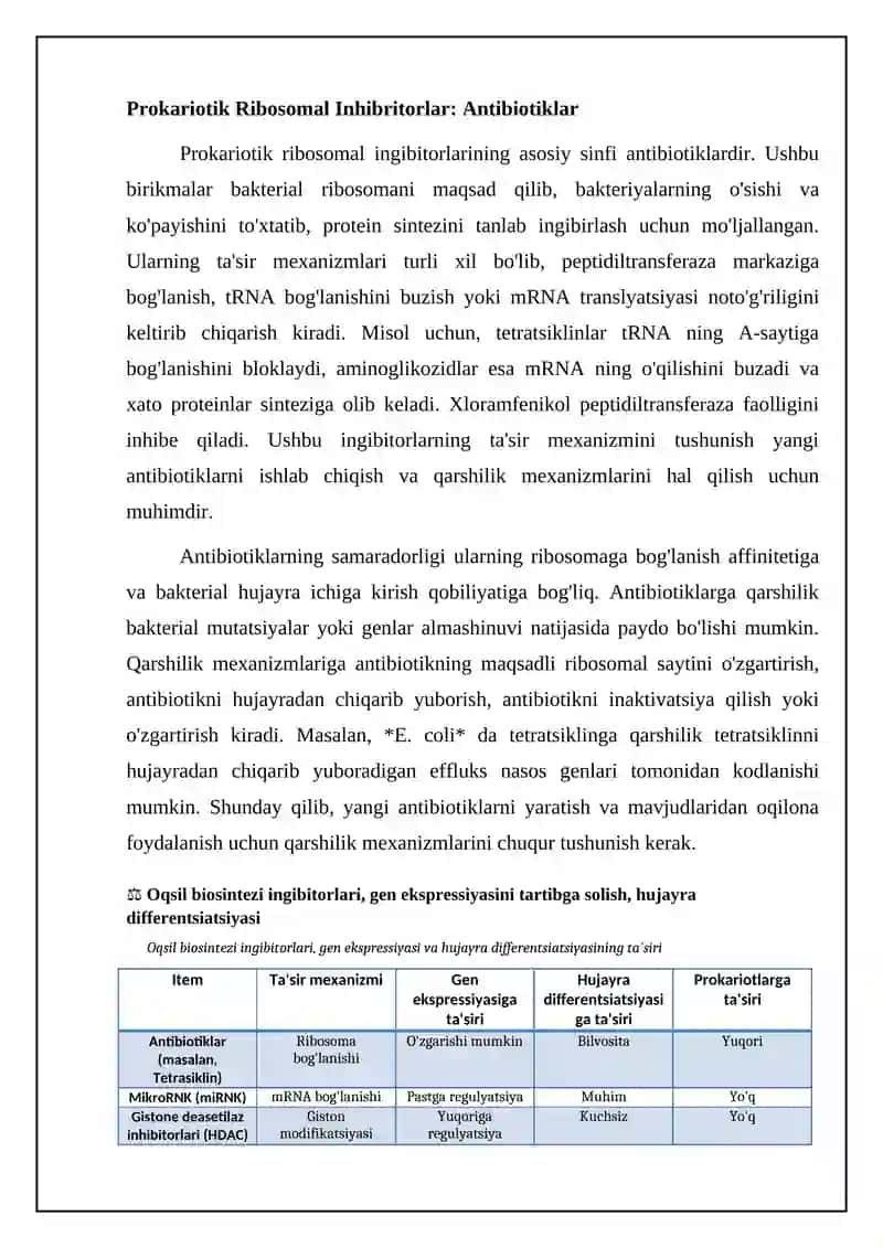 Oqsillar biosintezi ingibitorlari. Genlar ta'sirini boshqarilishi, hujayra differensirovkasi 4