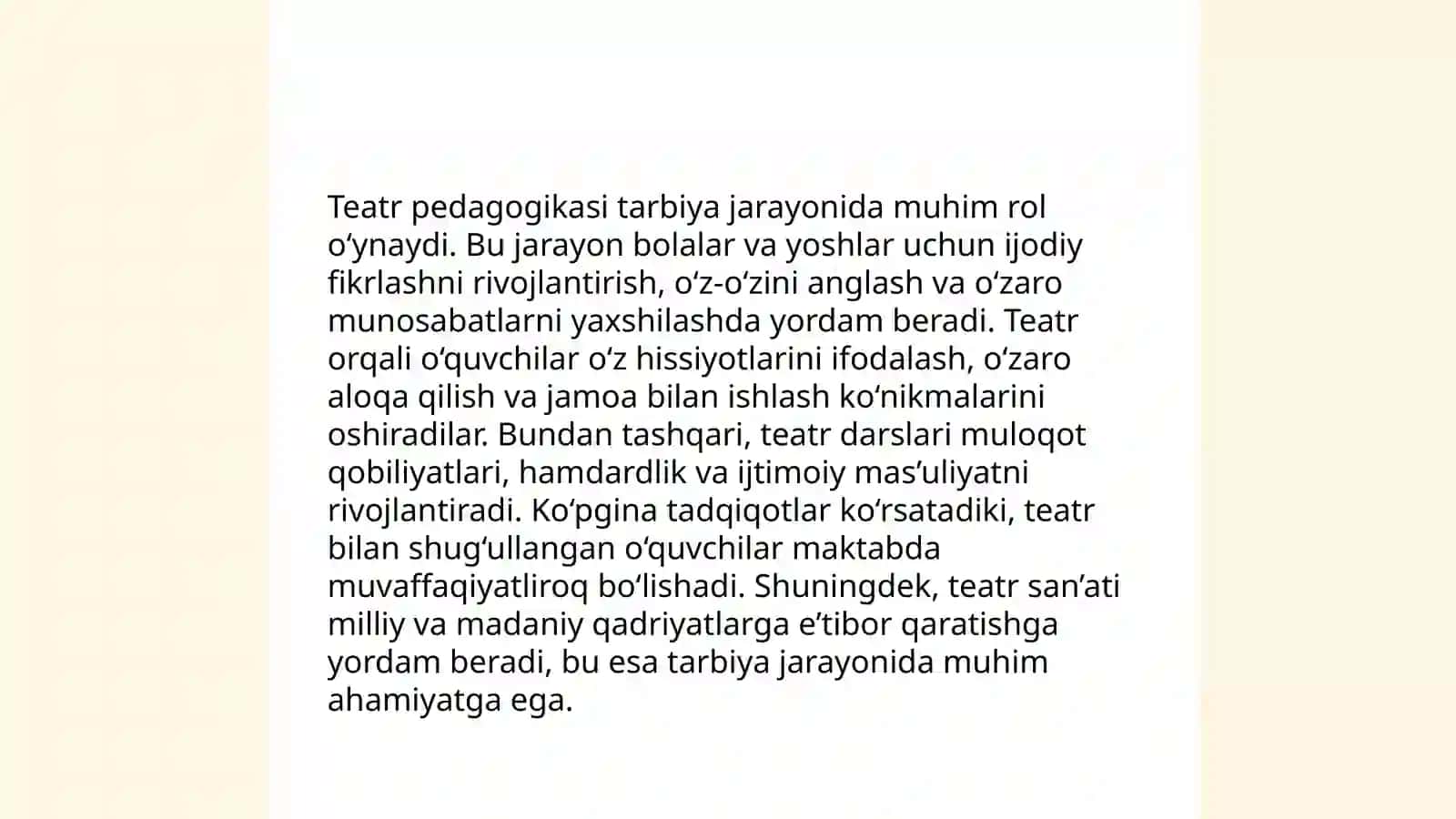 Tarbiya fani o'qitishda badiy va teatr pedagogikasi imkonyatlaridan foydalanish 4