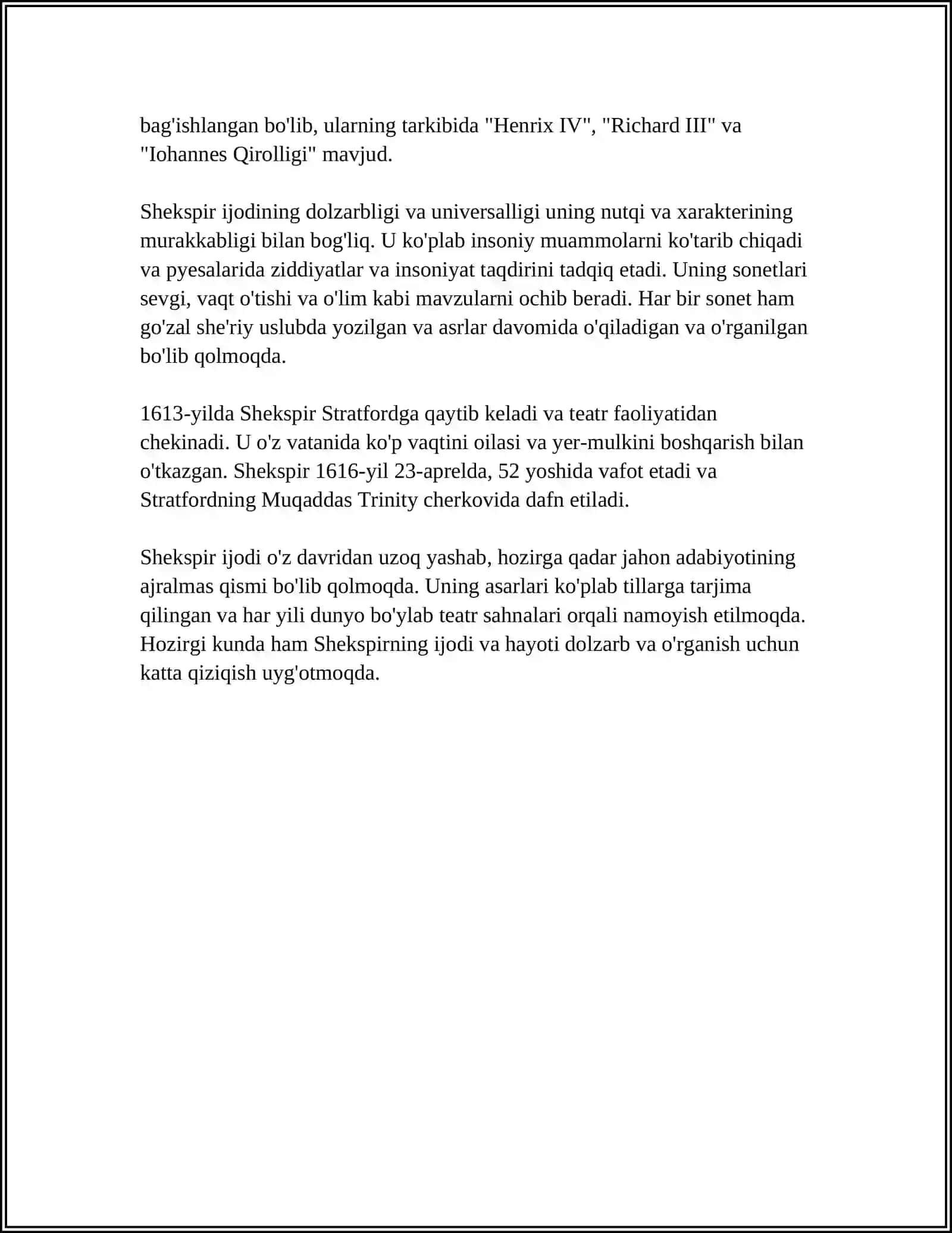 JAHON XALQLARI UYGʻONISH ADABIYOTI.SHEKSPIR IJODI 4