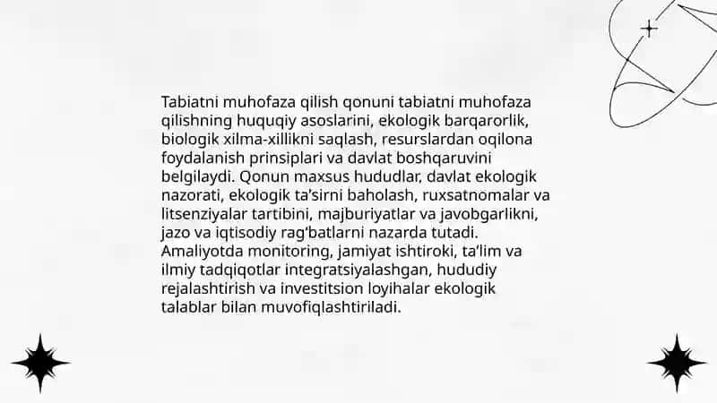 Oʻzbekiston Respublikasi tabiatini asrashga doir qonunlarni oʻrganish tahlil qilish 4