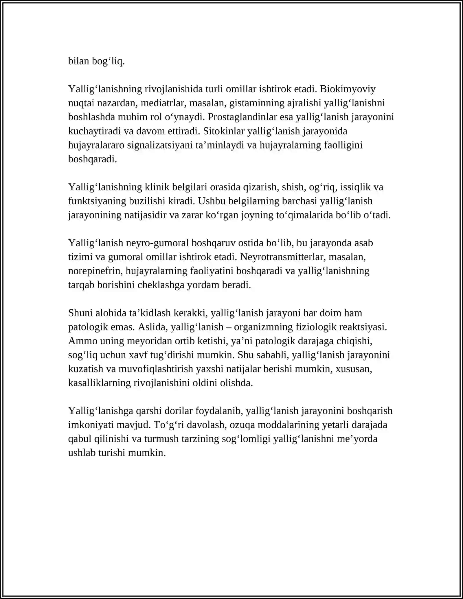 MUSTAQIL ISH Mavzu: YALLIGʻLANISH PATOFIZIOLOGIYASI 4