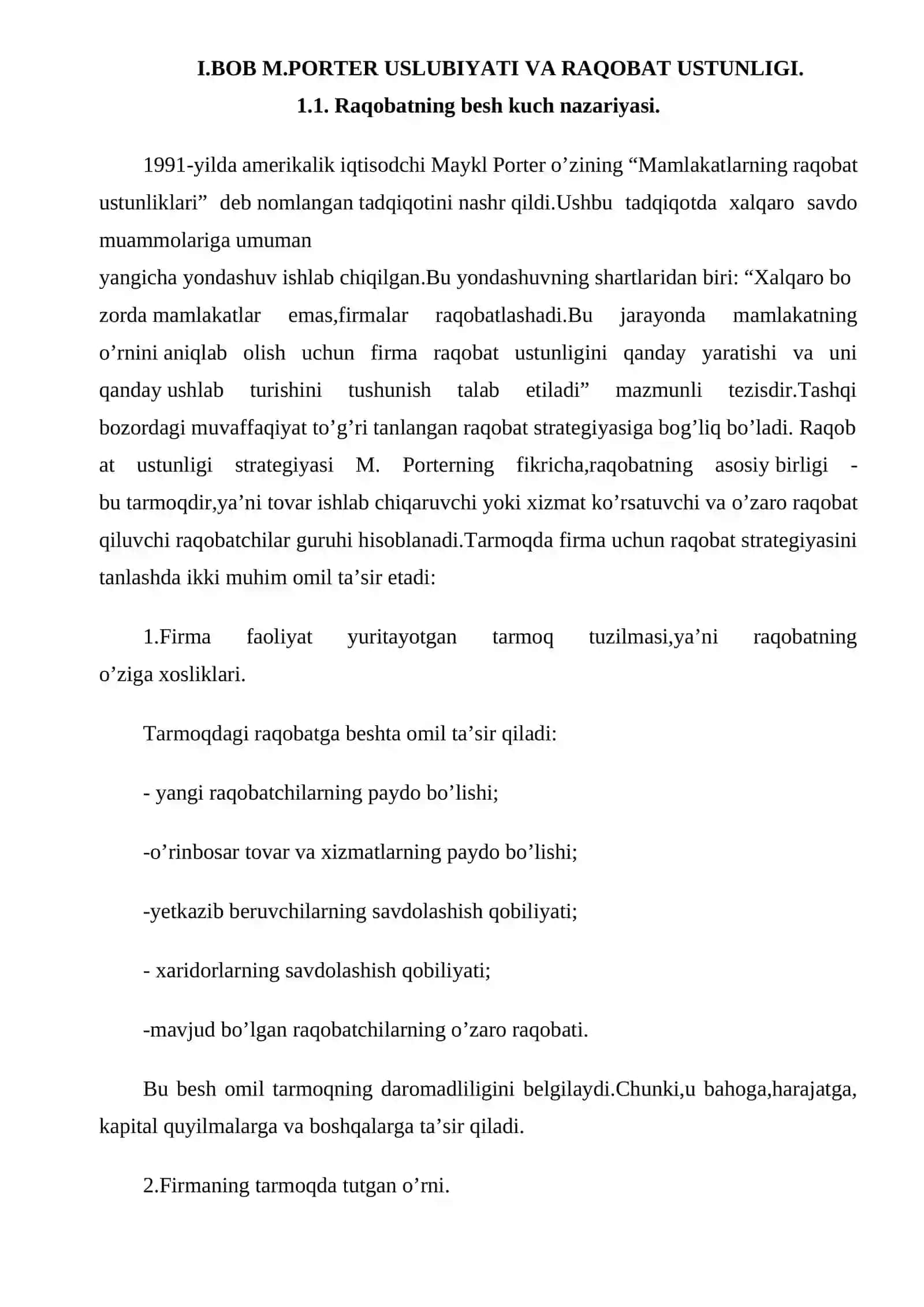 M.Porter uslubiyatiga ko'ra O'zbekistonning raqobat ustunliklari 4