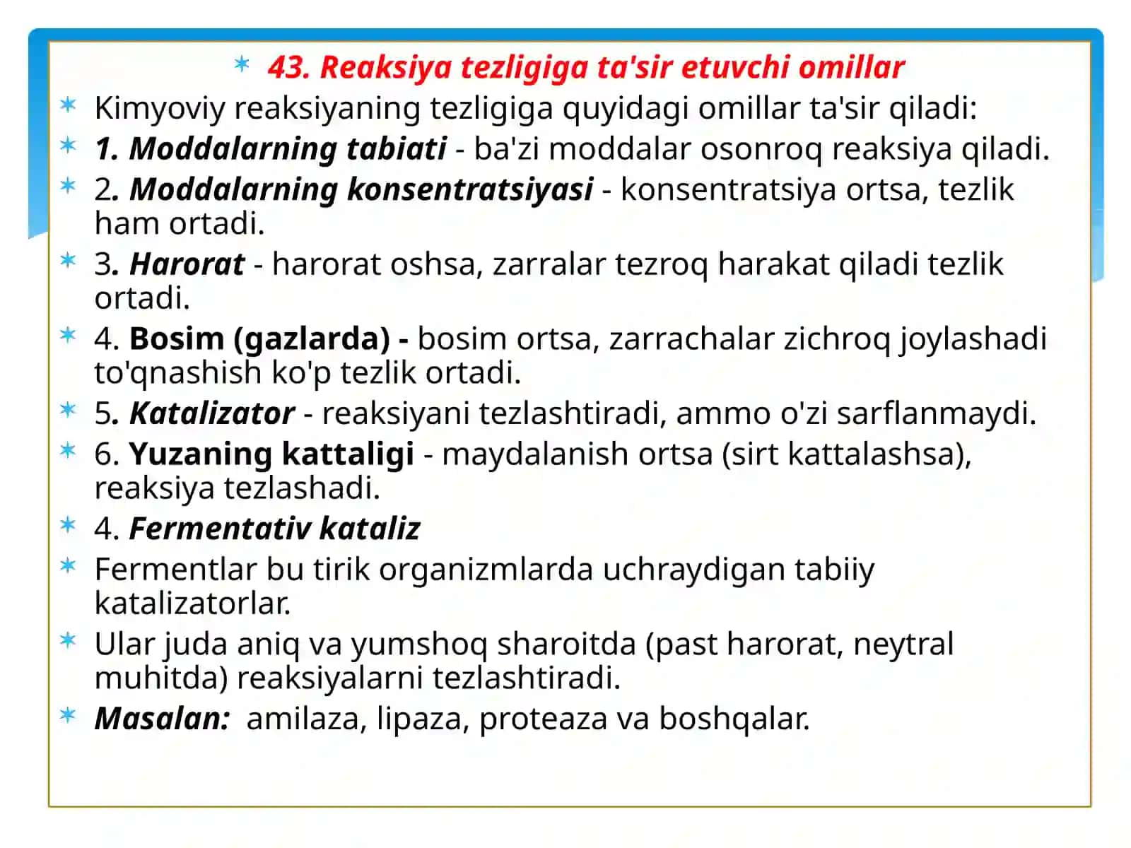 Mavzu: Kimyoviykinetika.Tezlikkata’siretuvchiomillar.Fermentativkataliz 4