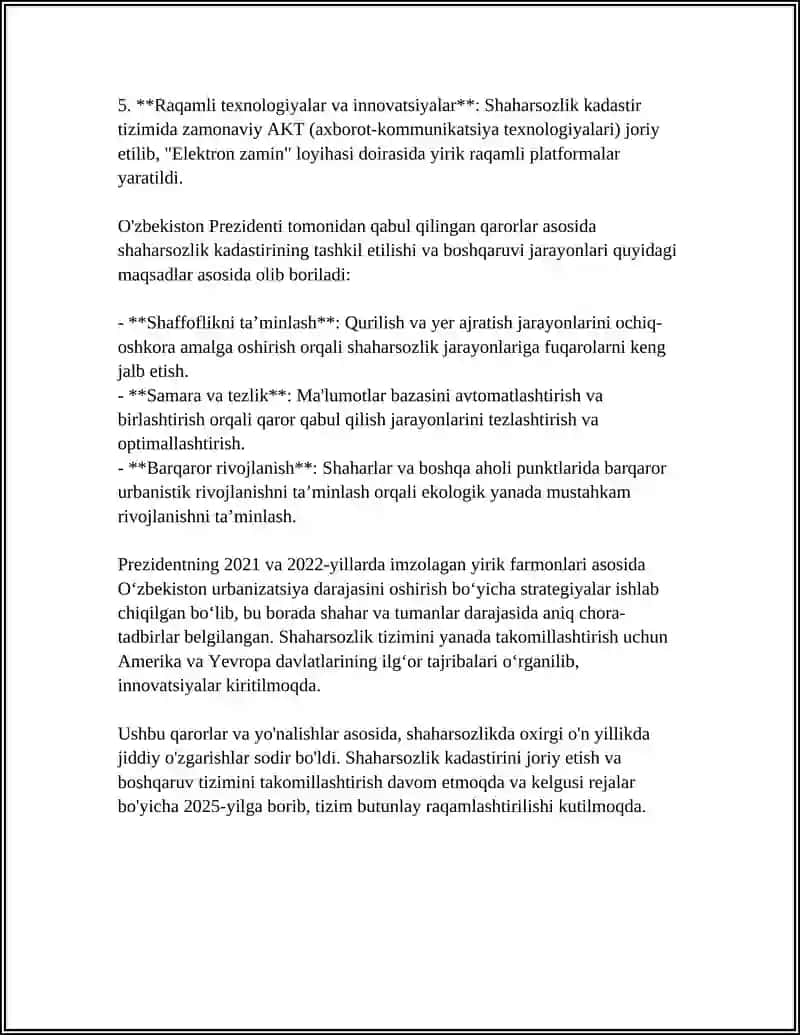 SHAHARSOZLIK KADASTIR VA GEOAXBOROT TIZIMI BO'YICHA PREZIDENT QARORLARI REFERAT 4
