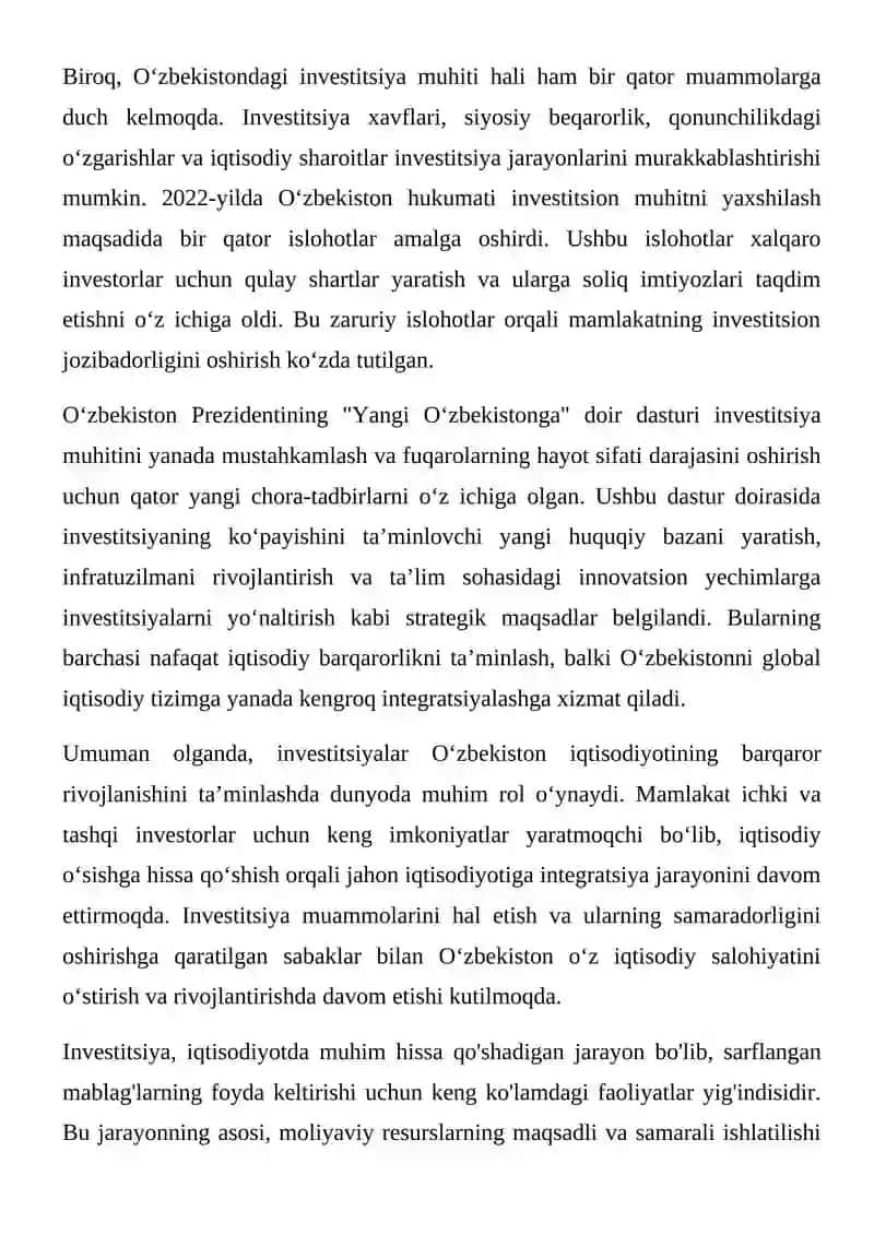 O'zbekiston iqtisodiyotini rivojlantirishda investitsiyalarning oʻrni 4